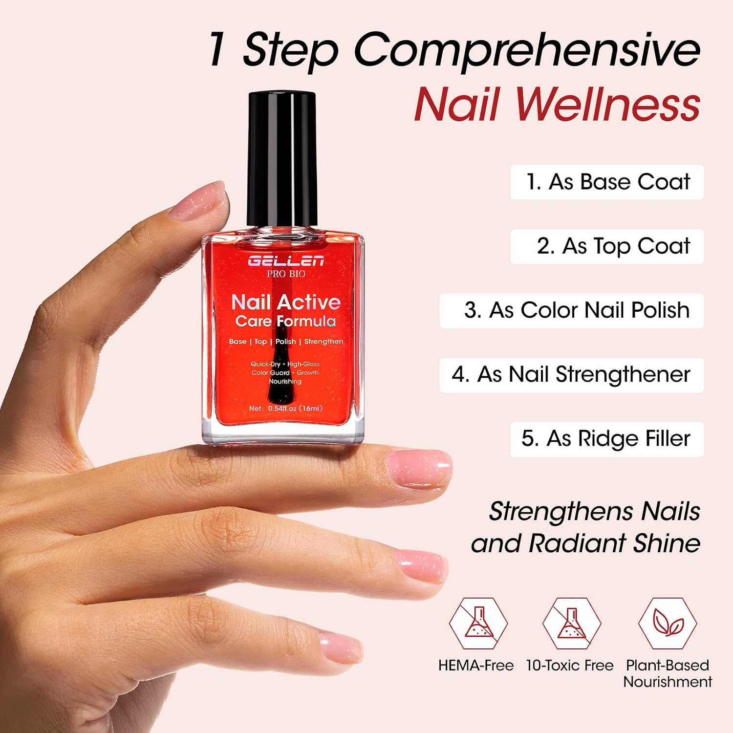 Gellen Active Glow Nail Polish One Step Ridge Filler Nail Strengthener with Hexanal & Pro-VE B5, Pomegranate Seed Oil for Healthier Glossier Nails, Ultra-Glowy Rose Mirror-Like Shine, 0.54 Fl Oz