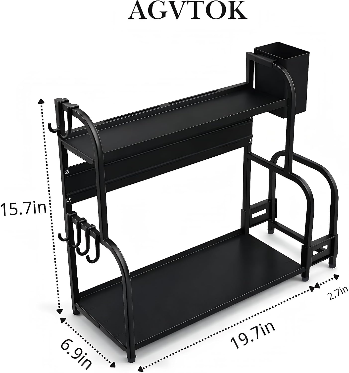 2 Tier Bathroom Counter Organizer, Narrow Space Saving Shelf with Hooks and Side Basket, Multifunctional Metal Vanity Tray Rack for Makeup, Skincare, Spice and Kitchen Storage, Black