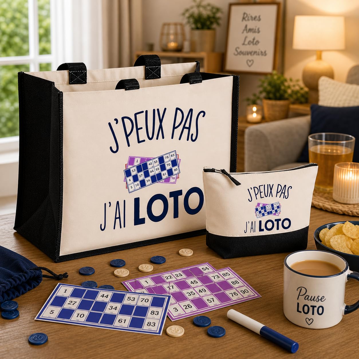 Duo cabas jute et trousse noire Loto J'peux pas | Cadeau Anniversaire Noël Sac de courses Pochette Femme Homme Shopping