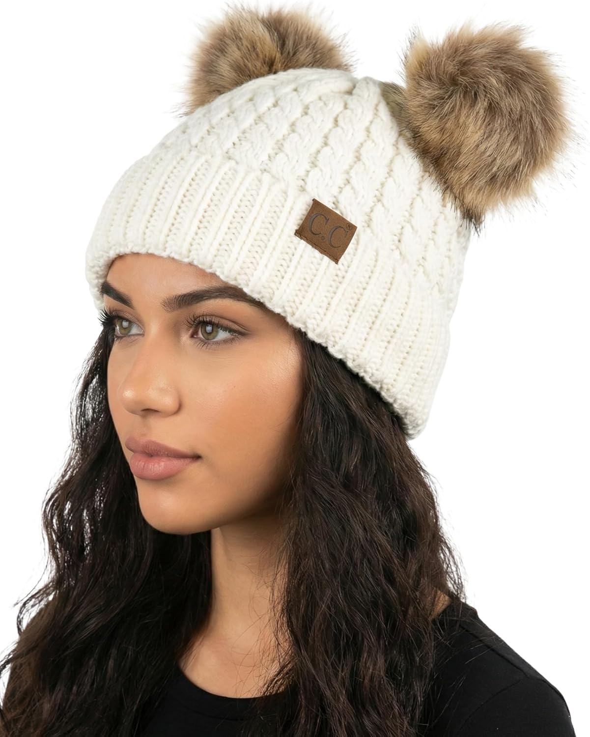 Funky Junque Women’s Double Pom Pom Beanie – Soft Knit Winter Hat for Women & Teens, Warm Cuffed Beanie with Faux Fur Poms