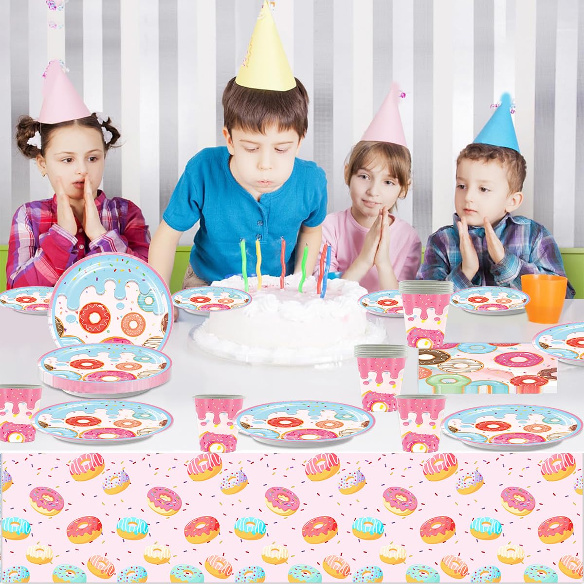 61 pezzi di stoviglie per feste a base di ciambelle,Set di stoviglie per la decorazione della festa di compleanno dei bambini, Per il battesimo dei bambini, per 20 persone