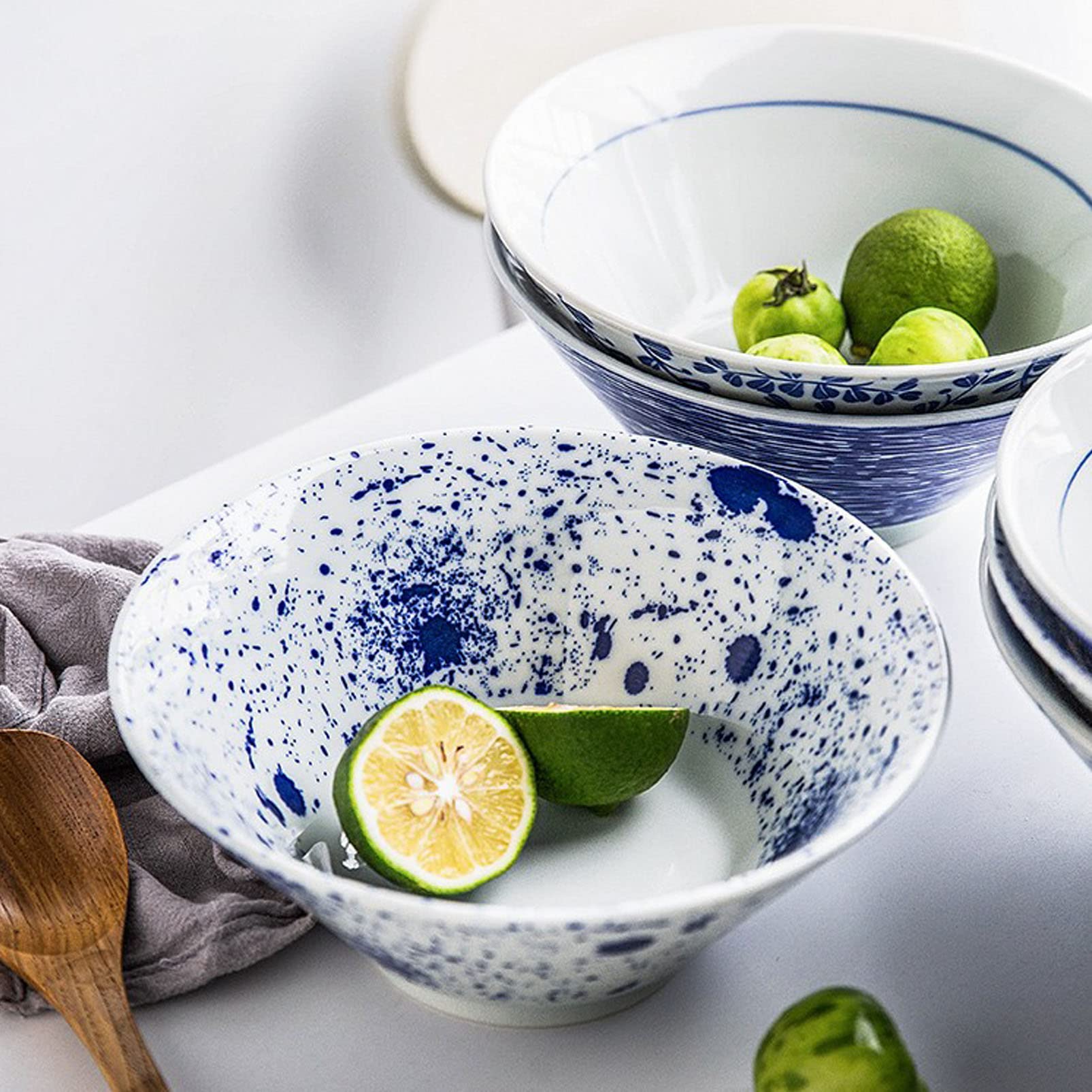 Tazón de cerámica para Ramen, tazón Multiusos de Porcelana Fina para Sopa, Cereales, arroz, Udon y soba, tazón japonés Grande para Fideos, Azul y Blanco