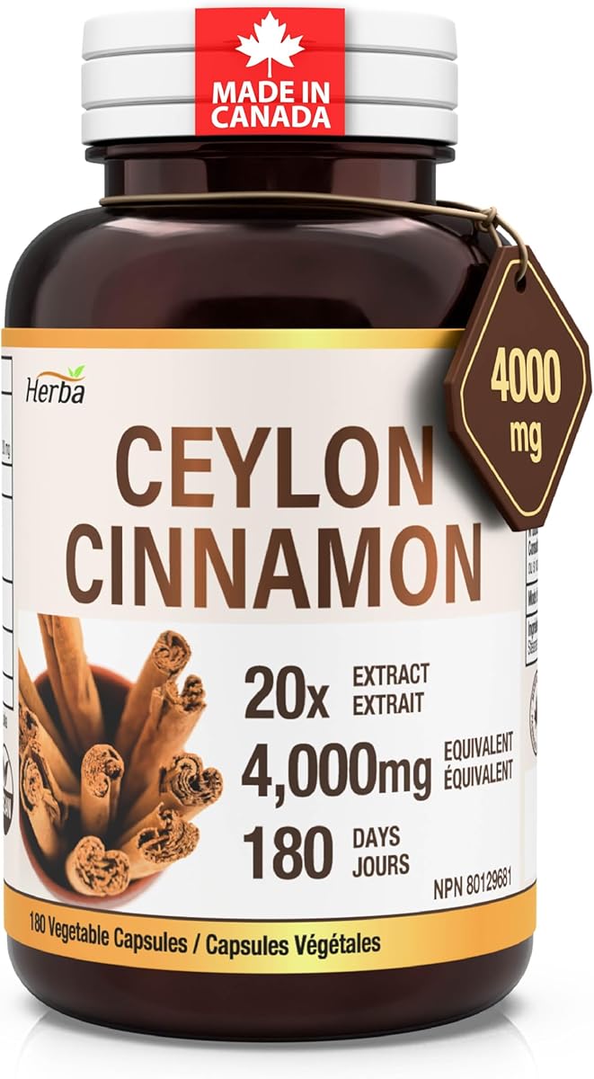 Herba Herba Ceylon Cinnamon Capsules 4000mg - 180 Vegetable Capsules | Powerful 20:1 Extract from Sri Lanka | Equivalent to 4,000mg Dry Ceylon Cinnamon Powder | Made in Canada