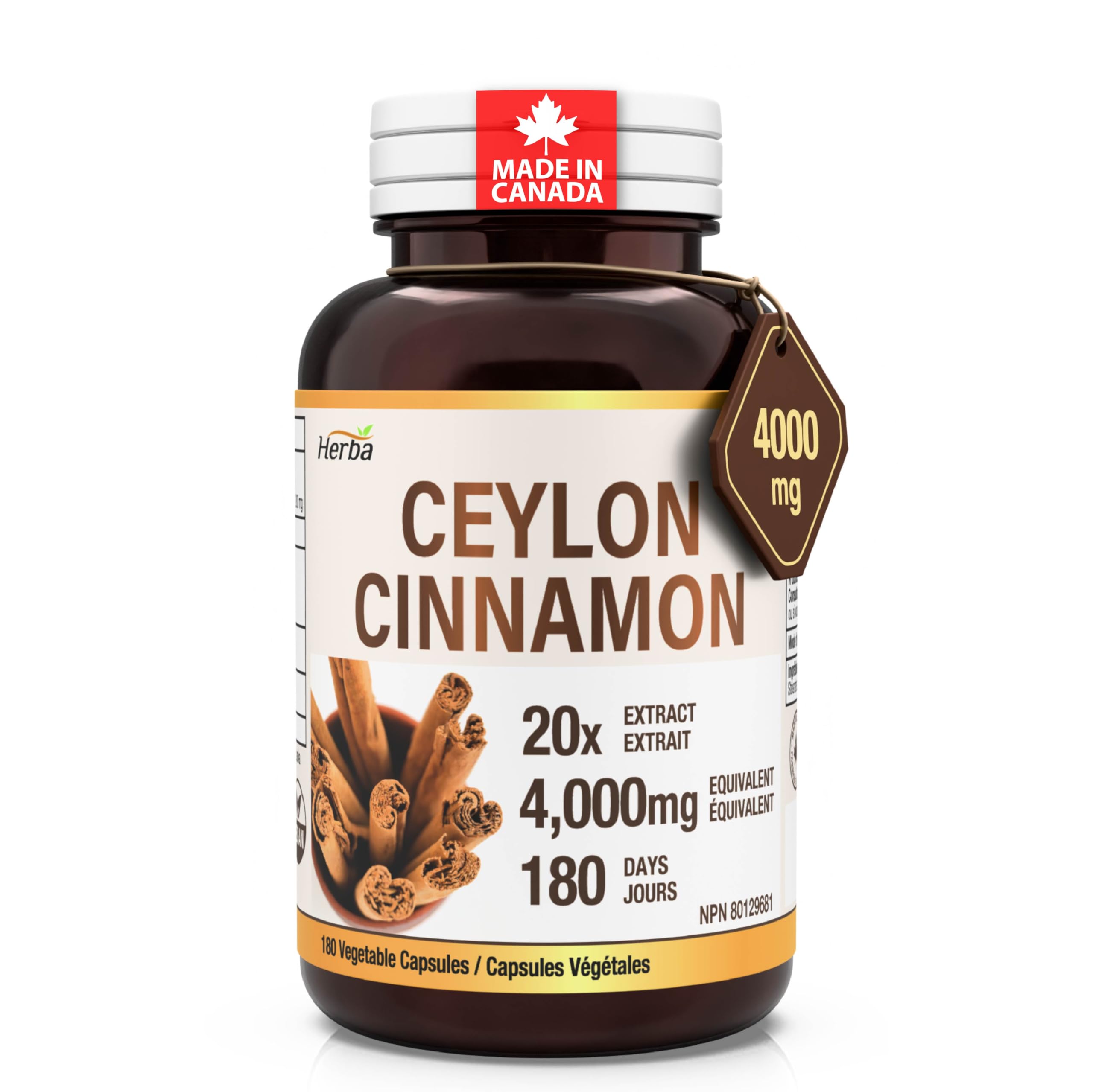 Herba Ceylon Cinnamon Capsules 4000mg - 180 Vegetable Capsules | Powerful 20:1 Extract from Sri Lanka | Equivalent to 4,000mg Dry Ceylon Cinnamon Powder | Made in Canada