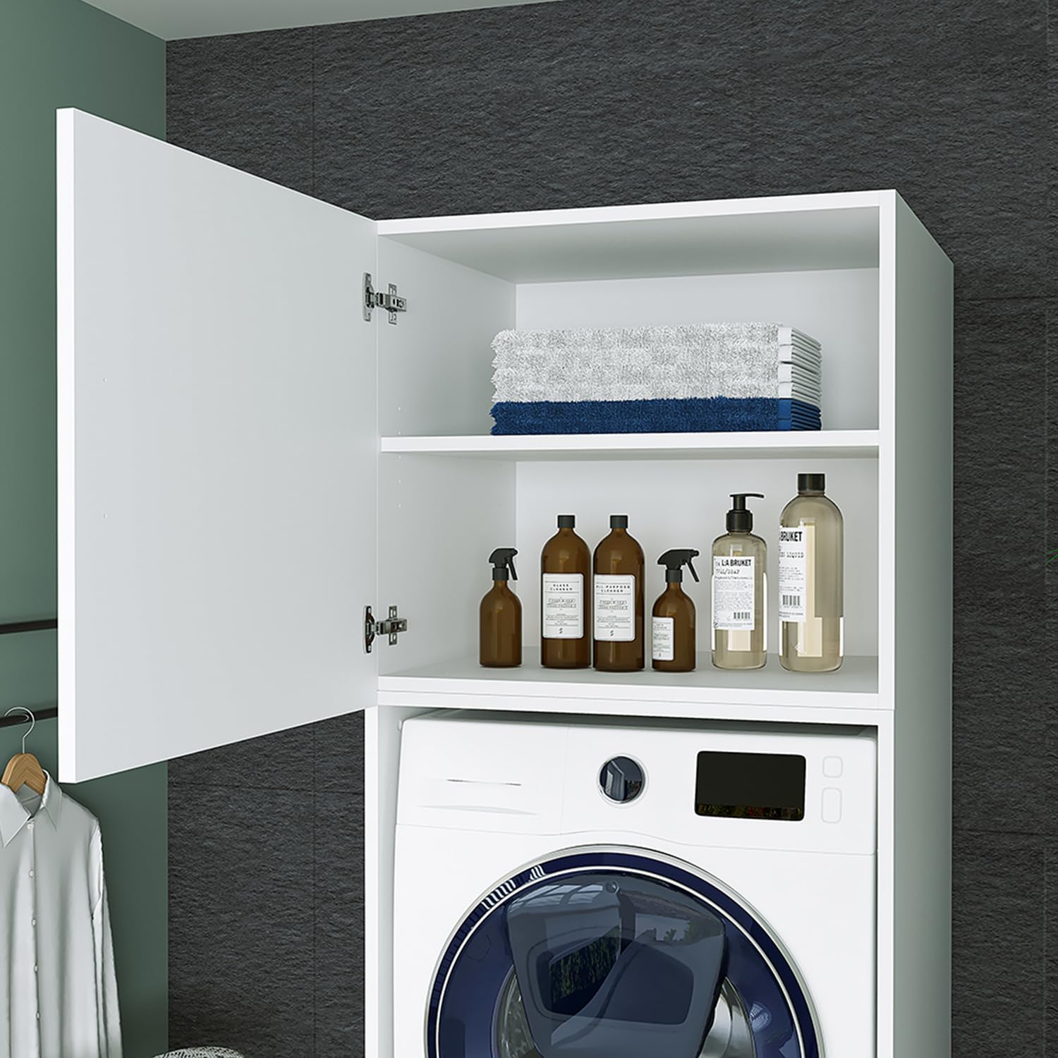 ROOMART , Waschmaschinenschrank mit Schrankaufsatz, Schublade & Ausziehbrett, Weiß, Schwarz Eiche, Waschmaschinenüberbau (Schrank + Aufsatz (62 cm), Weiß)