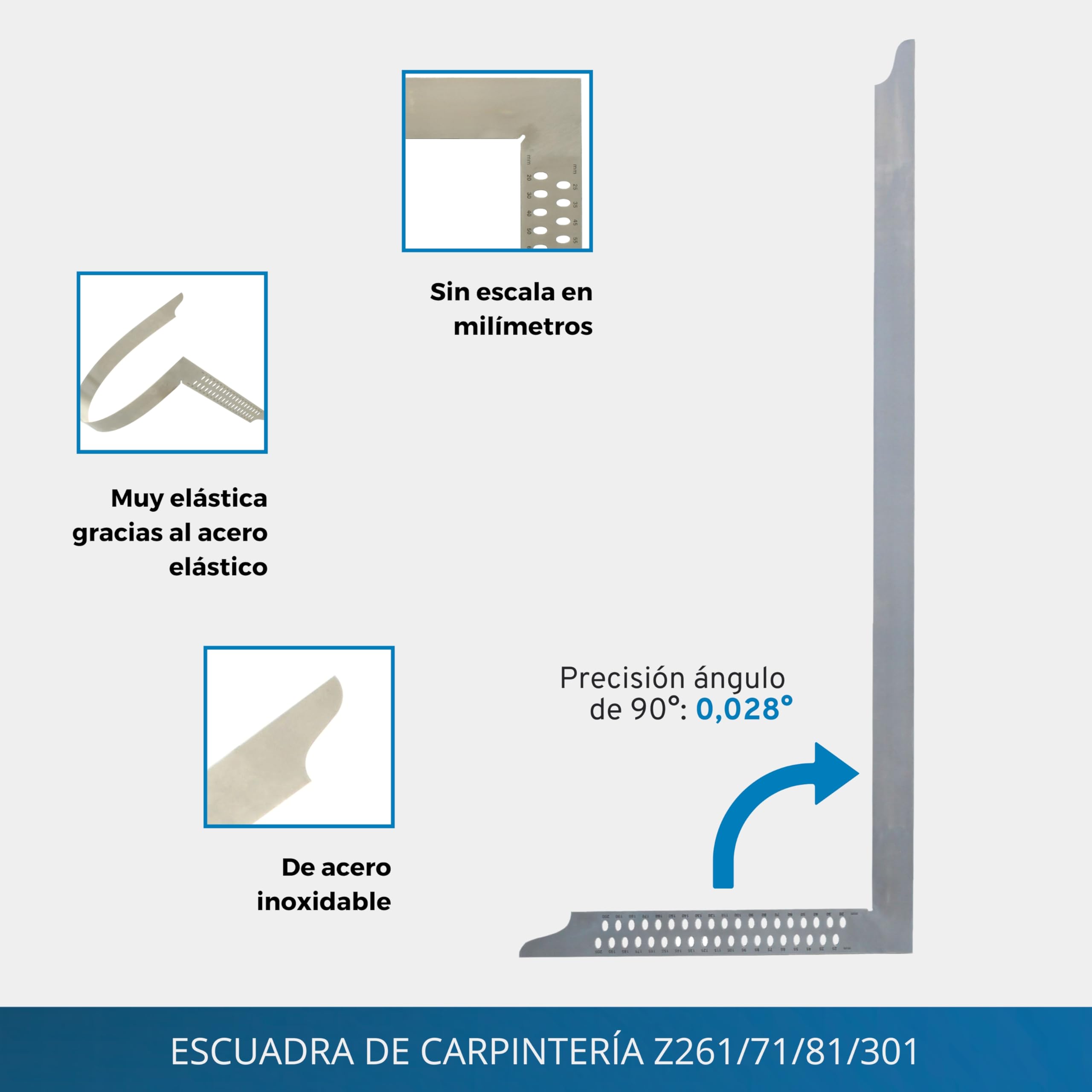 Escuadra de carpintero ZN - Escuadra de carpintero sin soldadura de acero inoxidable, escuadra de carpintero con agujeros de marcado, 1000 mm