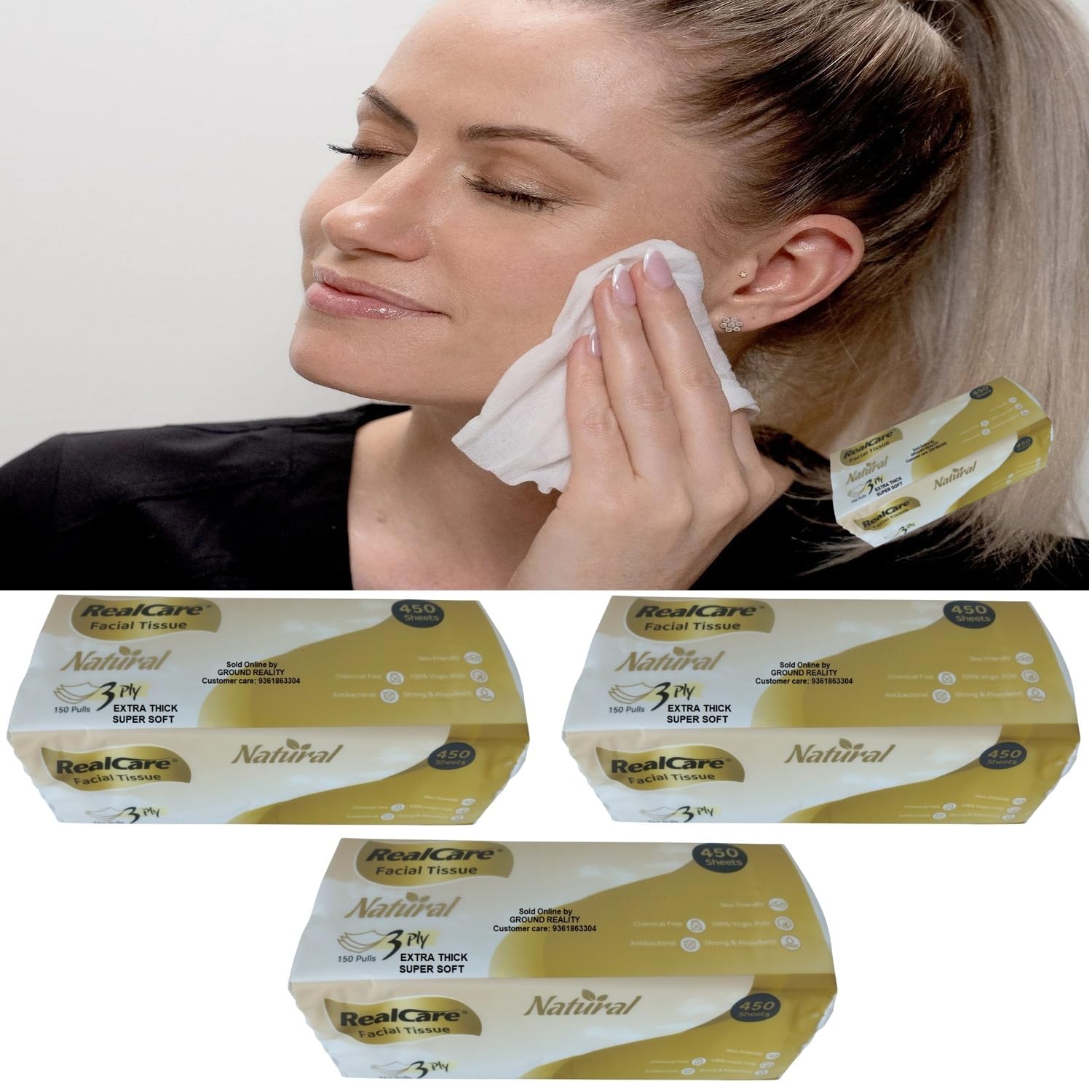 Real Care 450 Sheets | 3 Pack Dry or Wet Dual Use Cotton Facial Tissue Wipes Makeup Remover, Baby and Elder Cleaning, 100% Chemical Free Biodegradable Towel. Large Size 20x17cm (3 Ply – Extra Thick)-image-26