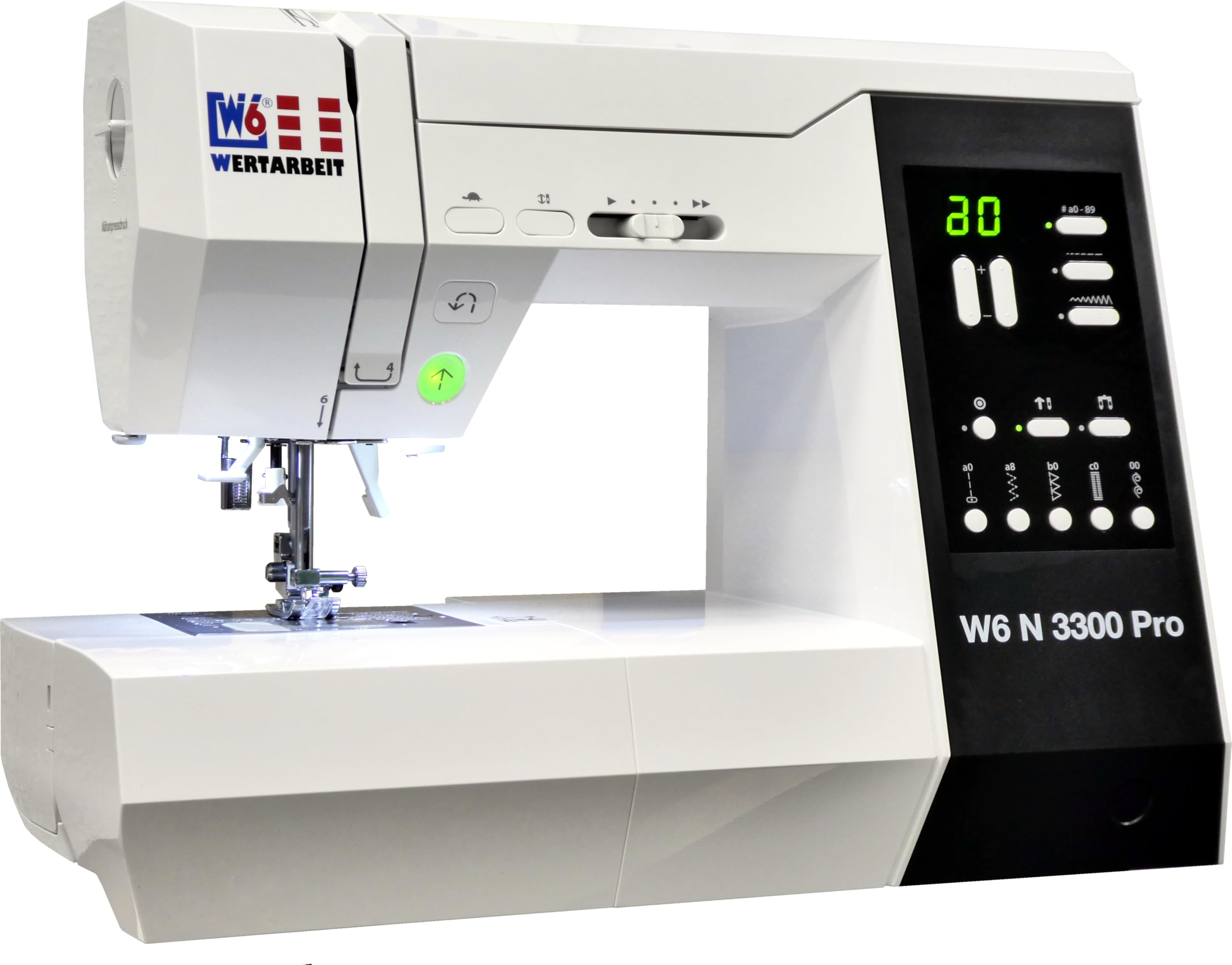 W6 Nähmaschine N 3300 Pro mit 7 Segmente/Punkte Transporteur, verstellbarem Nähanpreßdruck, Sicherheitsfunktion für Zwillingsnadel, LED-Display für Stichfunktionen, 120 Programme
