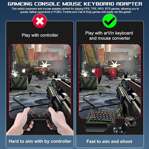 Arvin Keyboard and Mouse Adapter for Nintendo Switch/PS4/PS3/Xbox One/Xbox 360 Consoles, Switch Adapter Support Custom Mapping & Mouse Sensitivity Adjustment, Wired Keyboard and Mouses Converter