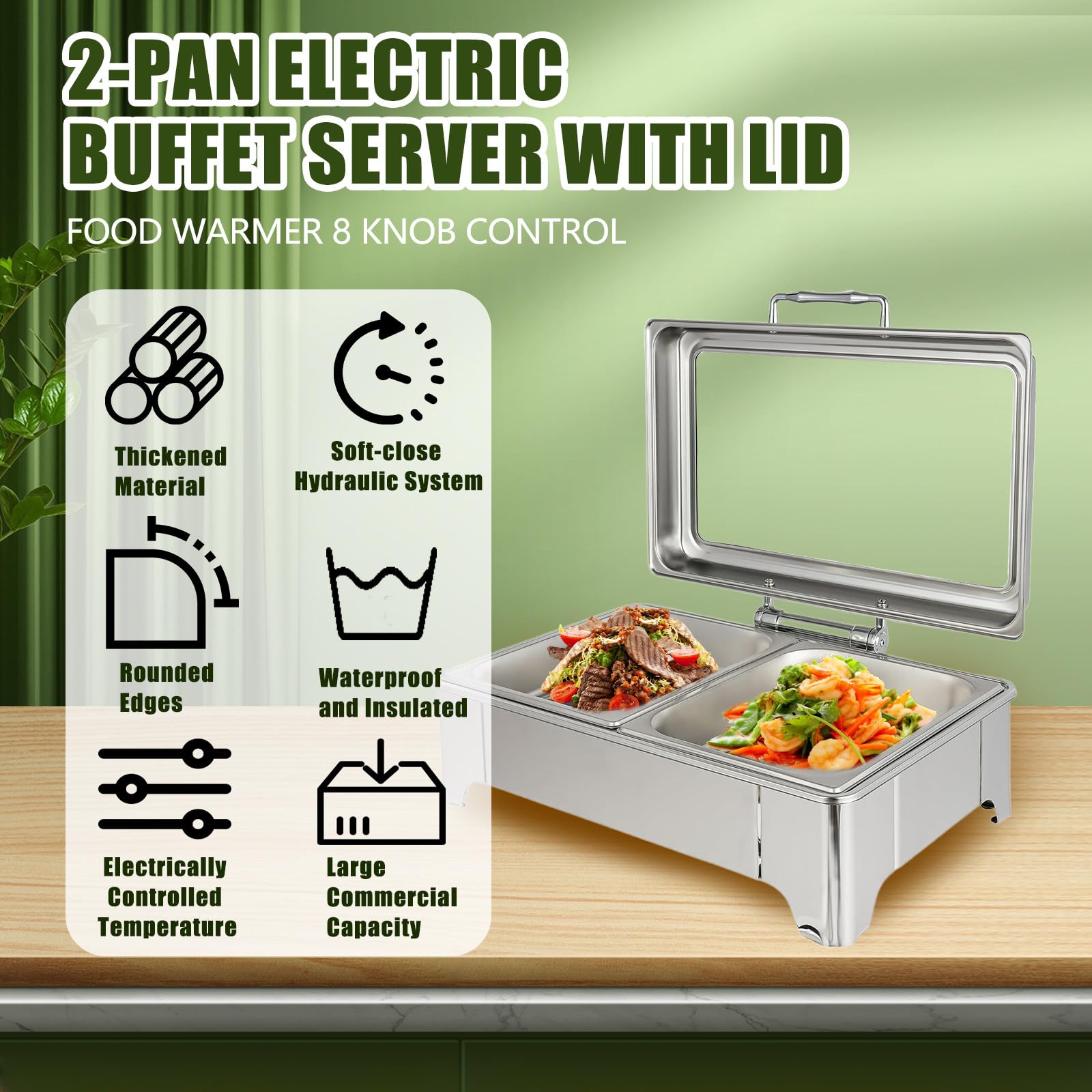 Chafing Dish Elettrico, 9L Scaldavivande Elettrico per Buffet in Acciaio Inox, Professionale ontenitore Scalda Cibo Temperatura Regolabile per Buffet, Ristoranti, Hotel(B,1/2 Pan)