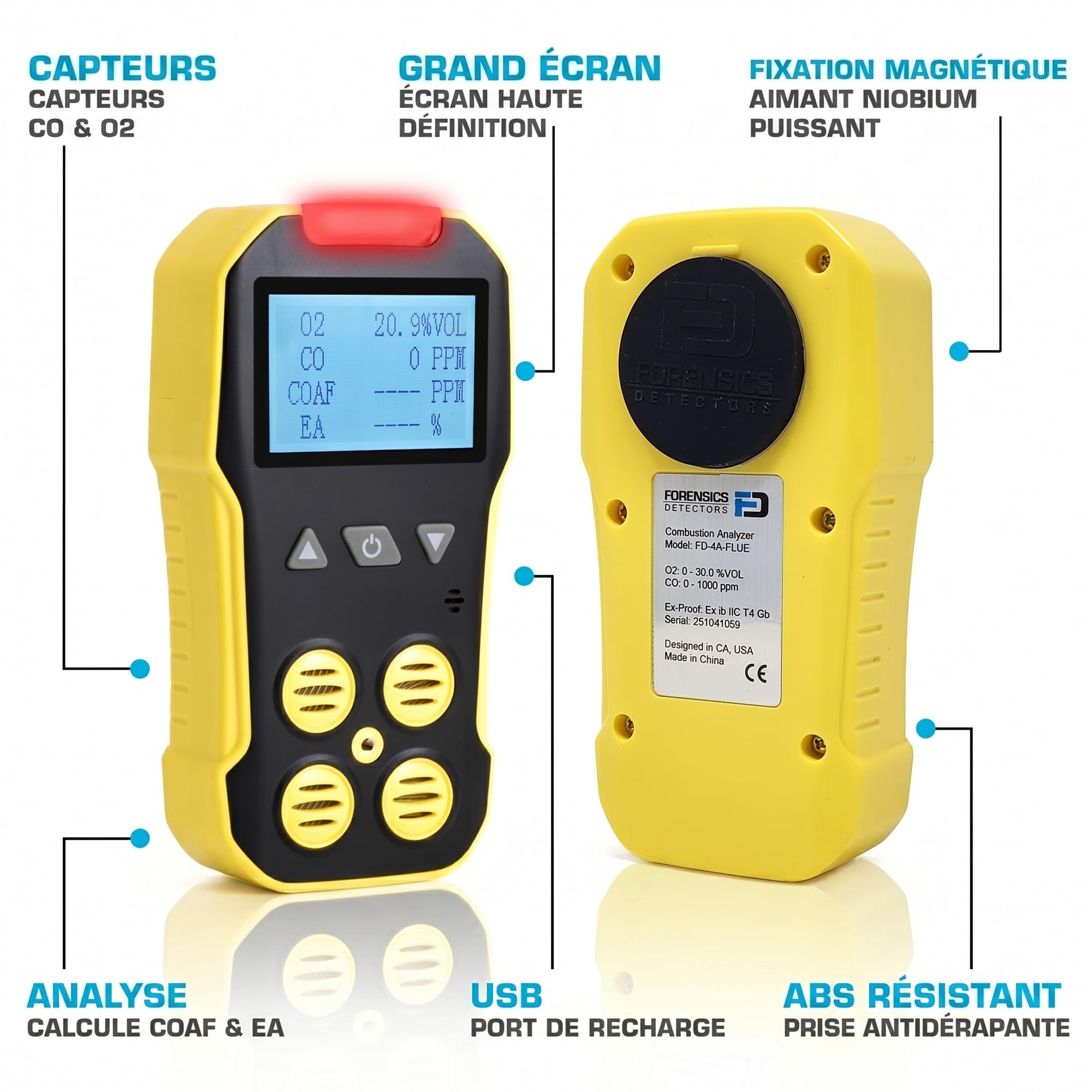 Analyseur de Gaz de Combustion Basique | Capteurs CO et O2 | Piège À Eau, Filtres À Particules et NOx | Recharge USB | Certificat d'Étalonnage UE