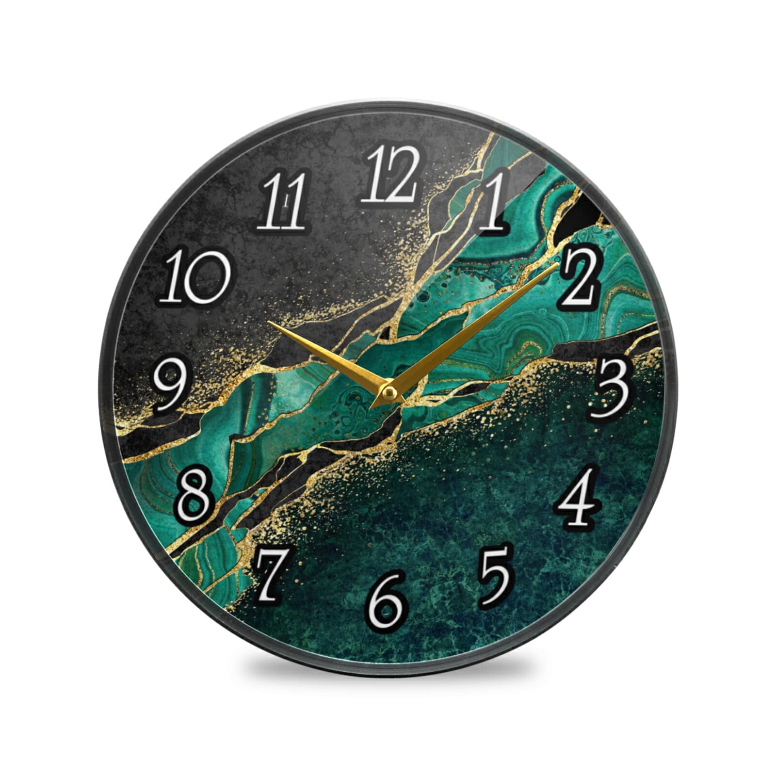 Black Teal Marble Green Malachite with Golden Veins Gold Spots Wall Clock, Silent Non-Ticking Easy to Read Round Decorative Acrylic Wall Clock Art, for Living Room Home Office School 12 Inch