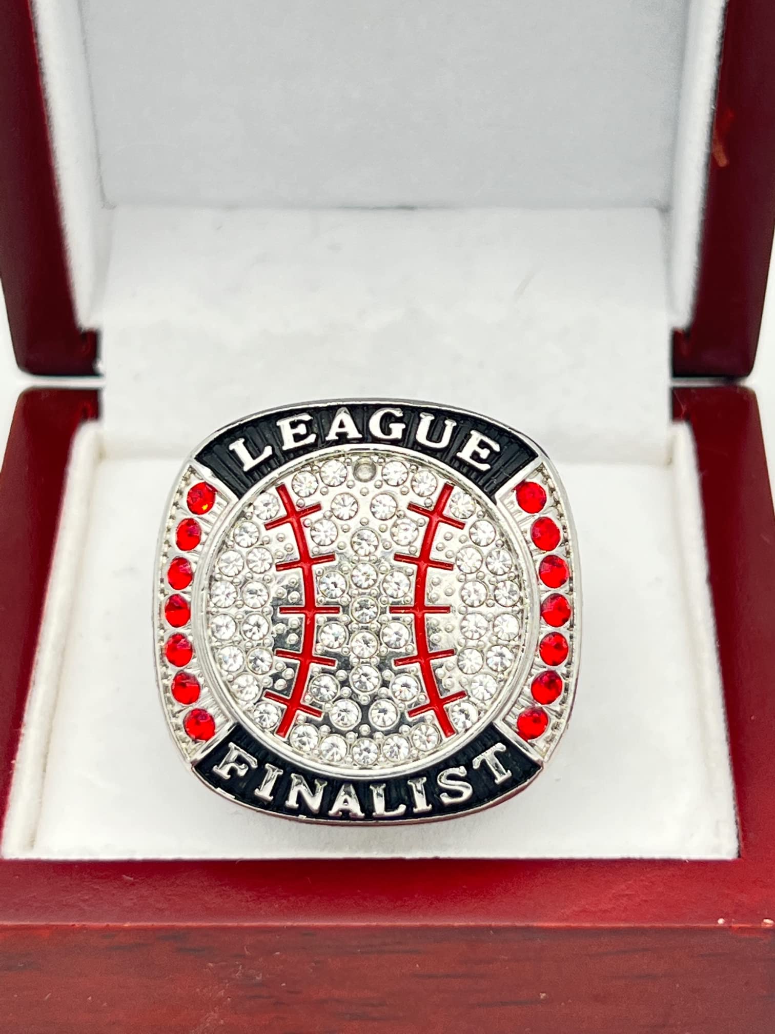 Discount Sports Rings BALL LEAGUE FINALIST RING — SILVER BODY, CLEAR STONES, RED LACES Item 5-31, Clear,Silver