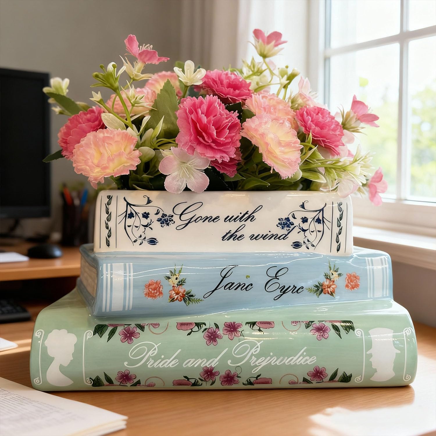 Book Planter Decor - Cute Bookshelf Plant Pots, Small Book Shaped Ceramic Planters, Book Flowers Vase with Drainage Hole, Classic Titles Bookstack for Book Lovers Gifts for Home Bedrooms, Living Rooms