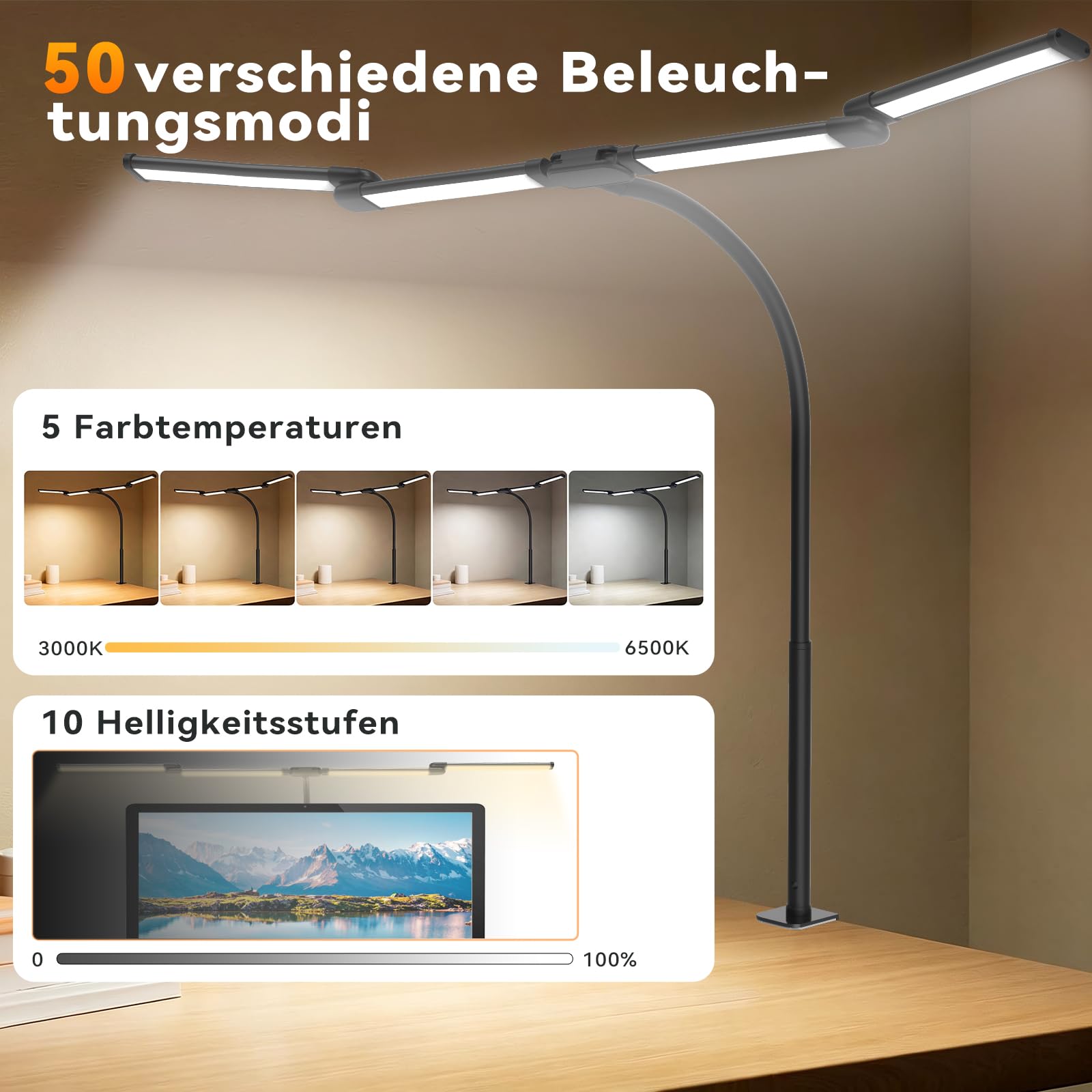 Schreibtischlampe LED Dimmbar, 118cm 4-Lichtbalken Schreibtischlampe Klemmbar, 24W 1960LM Augenschutz Schwanenhals Tischlampe, 5 Farben & 10 Helligkeiten für Zeichnen, Architekten, Schneider