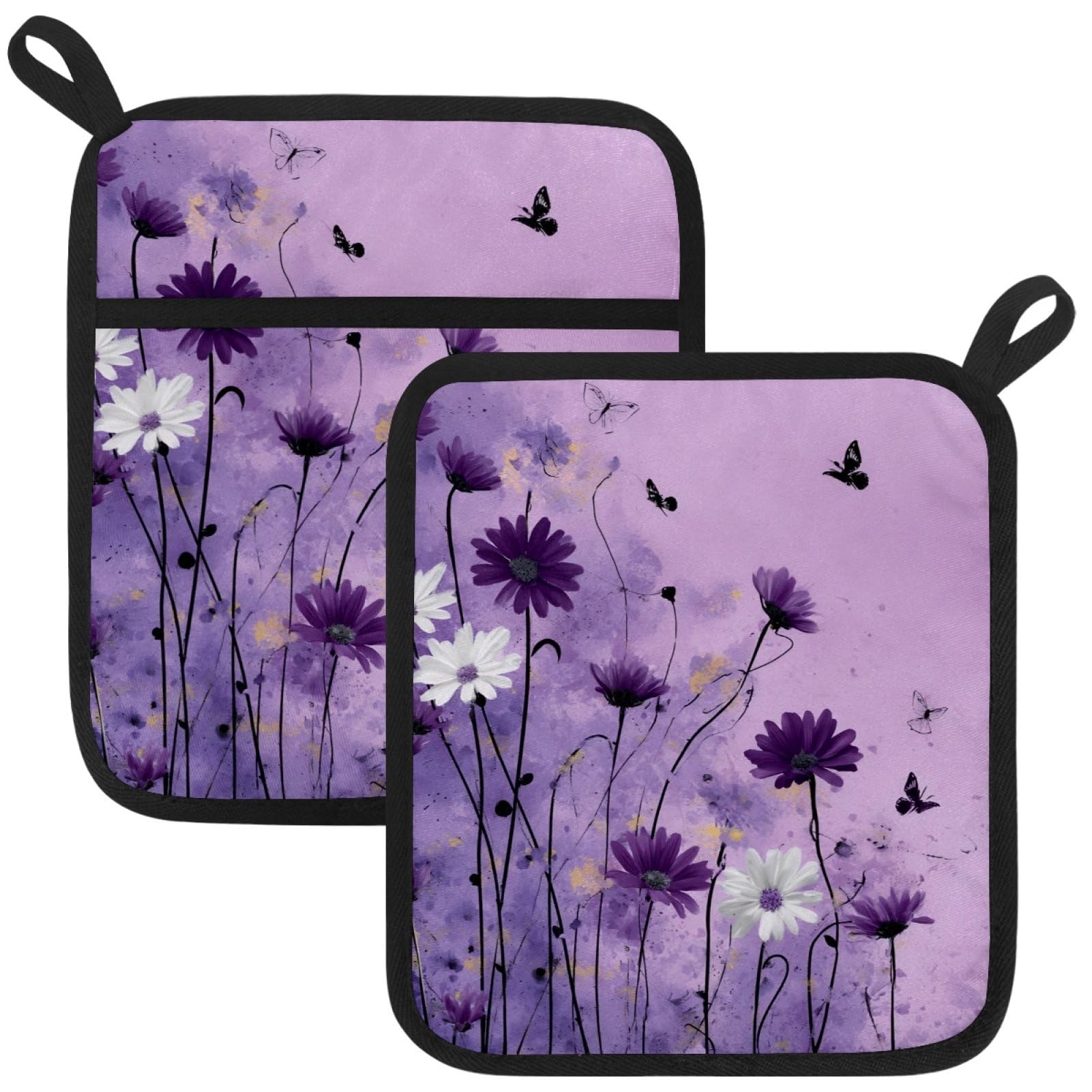 VAPOKF Purple Daisy Pot Holders with Pocket for Kitchen Heat Resistant Potholders Large Polyester-Cotton Square Oven Mitts Set