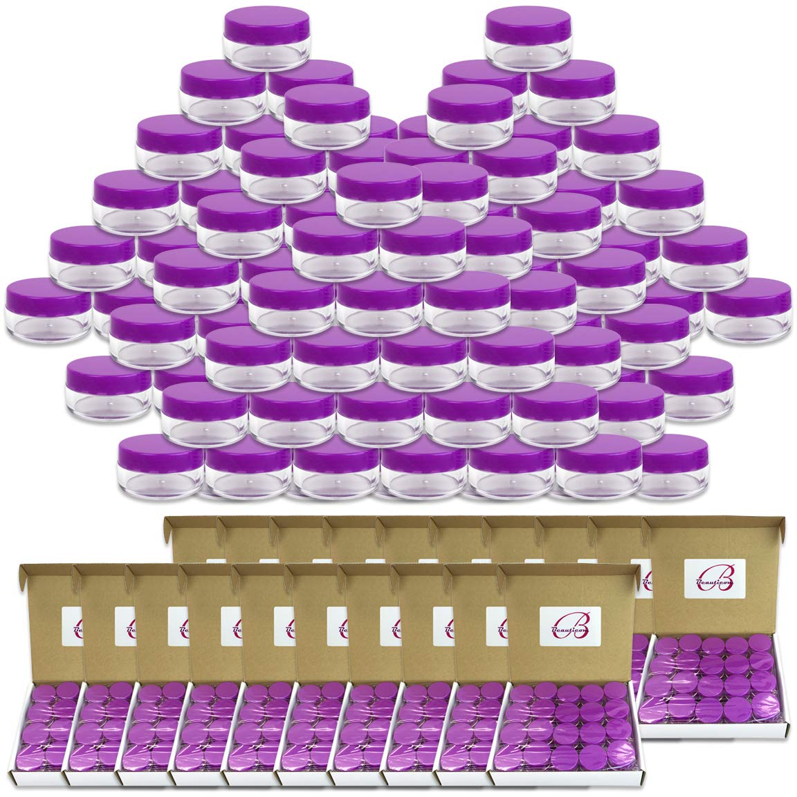 Quantity 1000 Pieces Beauticom 10G 10ML Round Clear Jar with Purple Lids for Pills Medication Ointments and Other