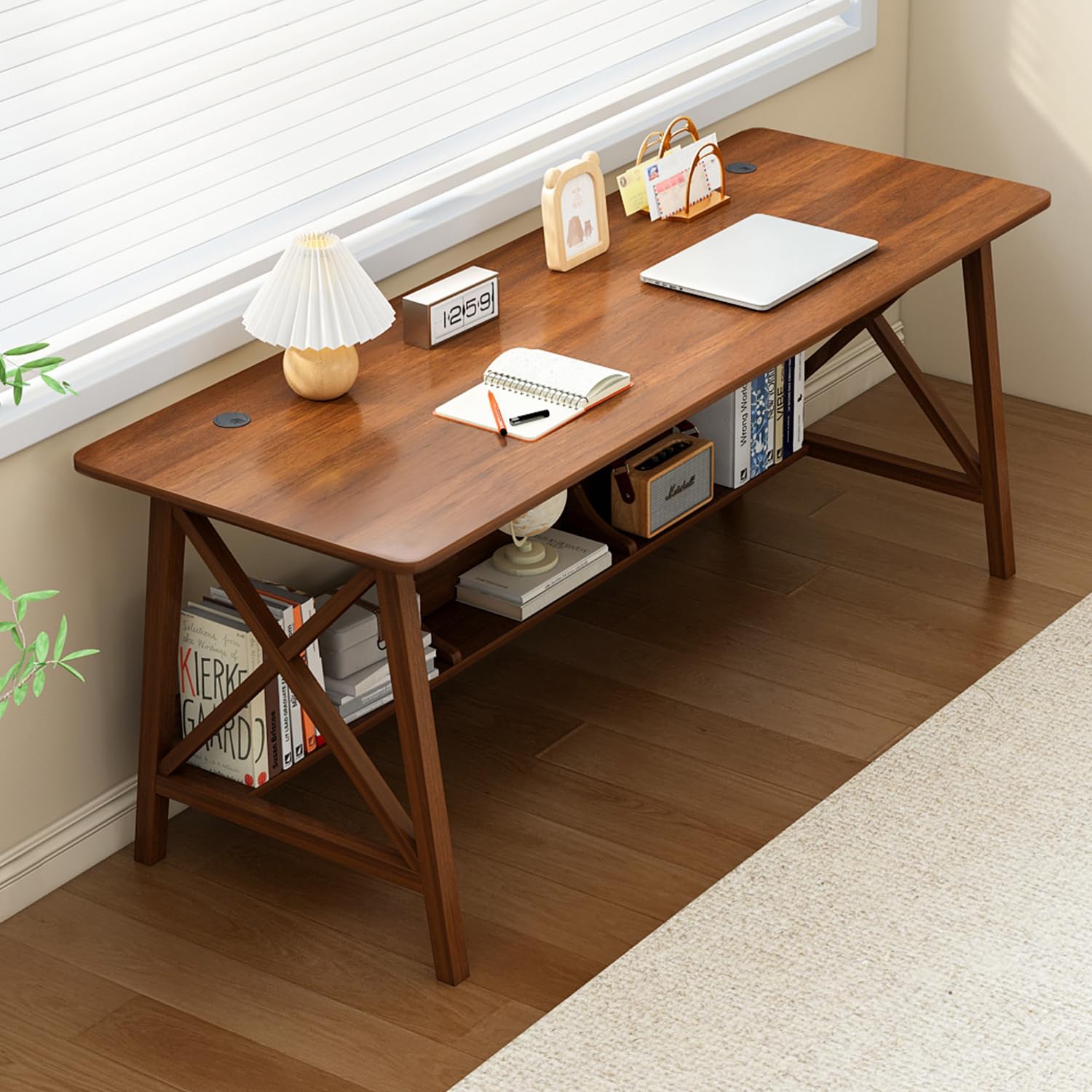 NELYE Extra Long Desk with Bookshelf - Wooden Home Office Work Study Table, 2-Person Writing Computer Workstation with Storage Shelf in Walnut, 63"