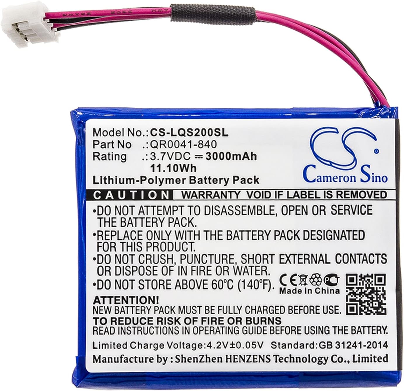 Cameron Sino Battery for Qolsys IQ Panel 2, IQ Panel 2 Plus, IQ Panel 2 Touch Panel PN:Qolsys QR0041-840, SP584646-1S2P 3000mAh / 11.10Wh