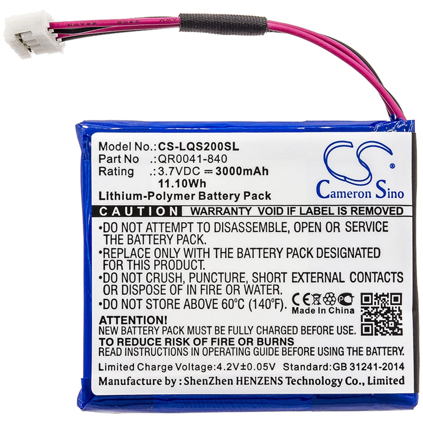 Cameron Sino Battery for Qolsys IQ Panel 2, IQ Panel 2 Plus, IQ Panel 2 Touch Panel PN:Qolsys QR0041-840, SP584646-1S2P 3000mAh / 11.10Wh
