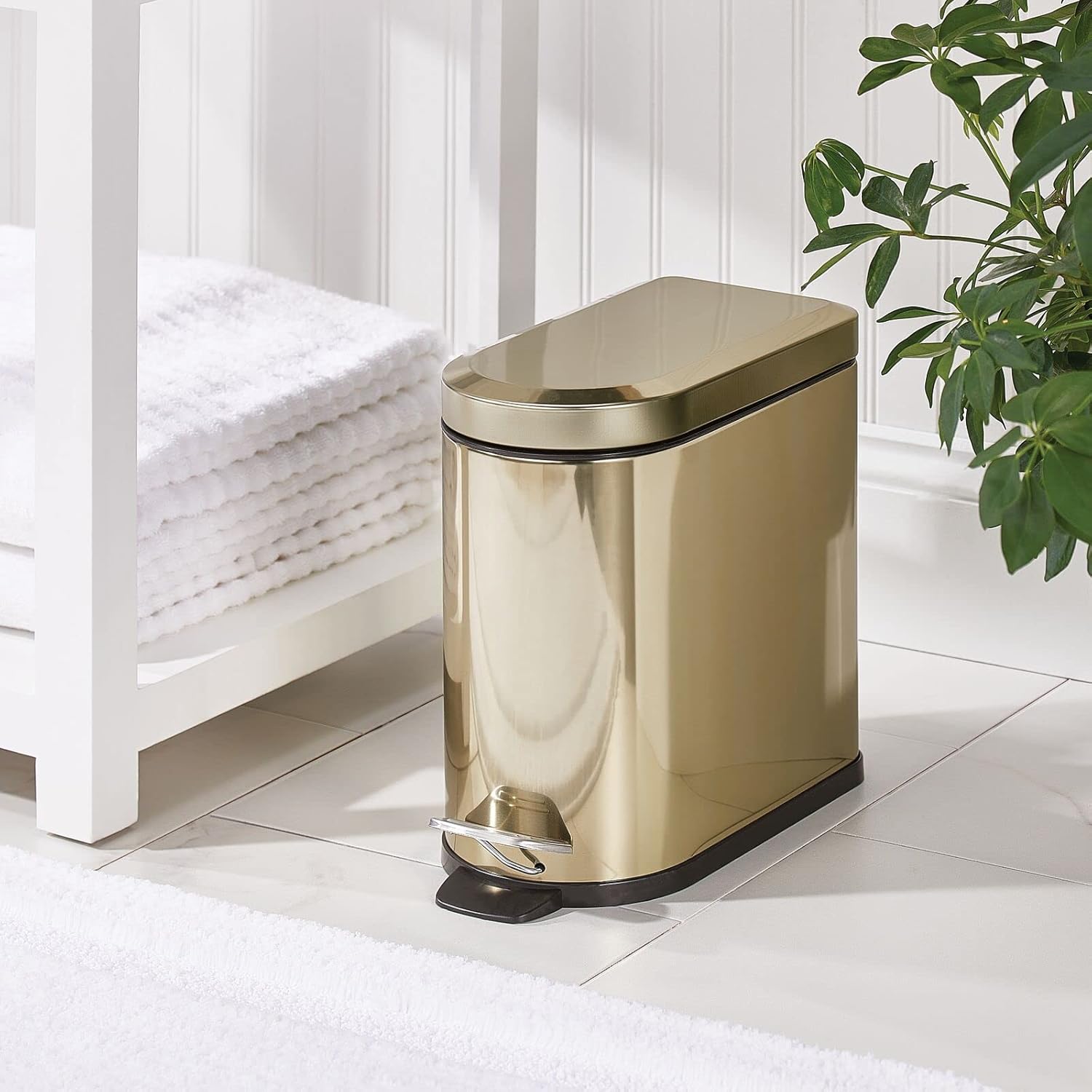 mDesign Small 1.3 Gallon Stainless Steel Metal Step Trash Can Garbage Bin for Bathroom, Bedroom, Home Office, D-Shape Trashcan with Foot Pedal and Lid, Removable Liner Bucket with Handles, Soft Brass