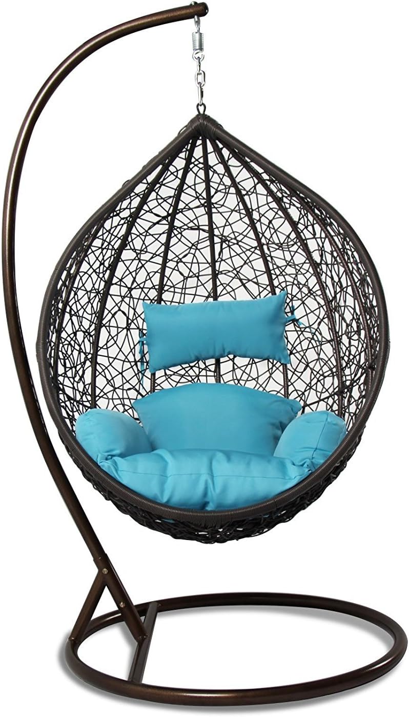 Hanging Basket Chair Outdoor Front Porch Furniture with Stand and Cushion (Brown Wicker, Turquoise Cushion)