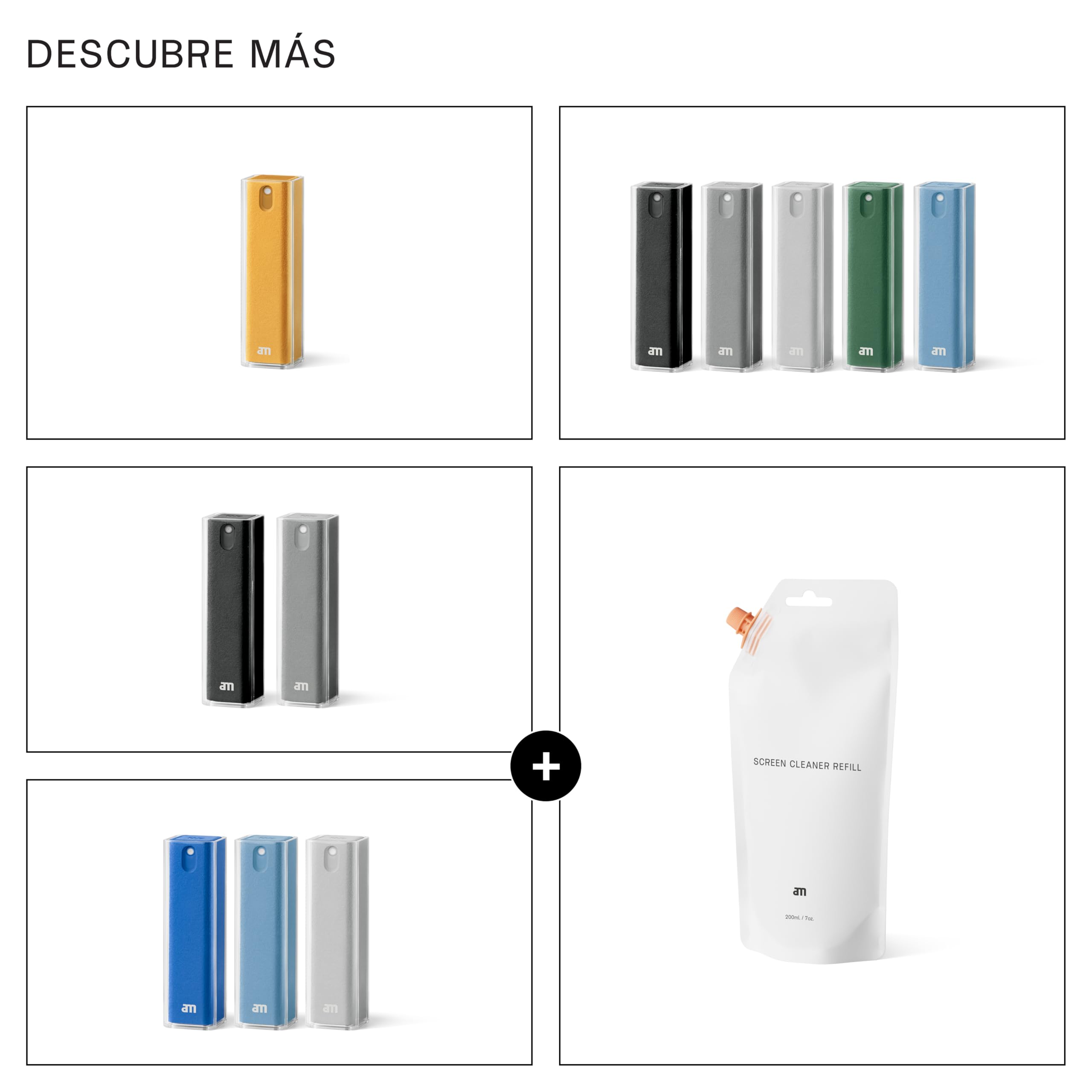 am Kit Limpiador de Pantallas 2 en 1 – MIST Recargables con Botella Refill de 200 ml y Microfibra Integrada – Para Móvil, Tablet, Portátil, Monitor, TV y Pantallas de Coche (Negro, Gris, 2 Pack)