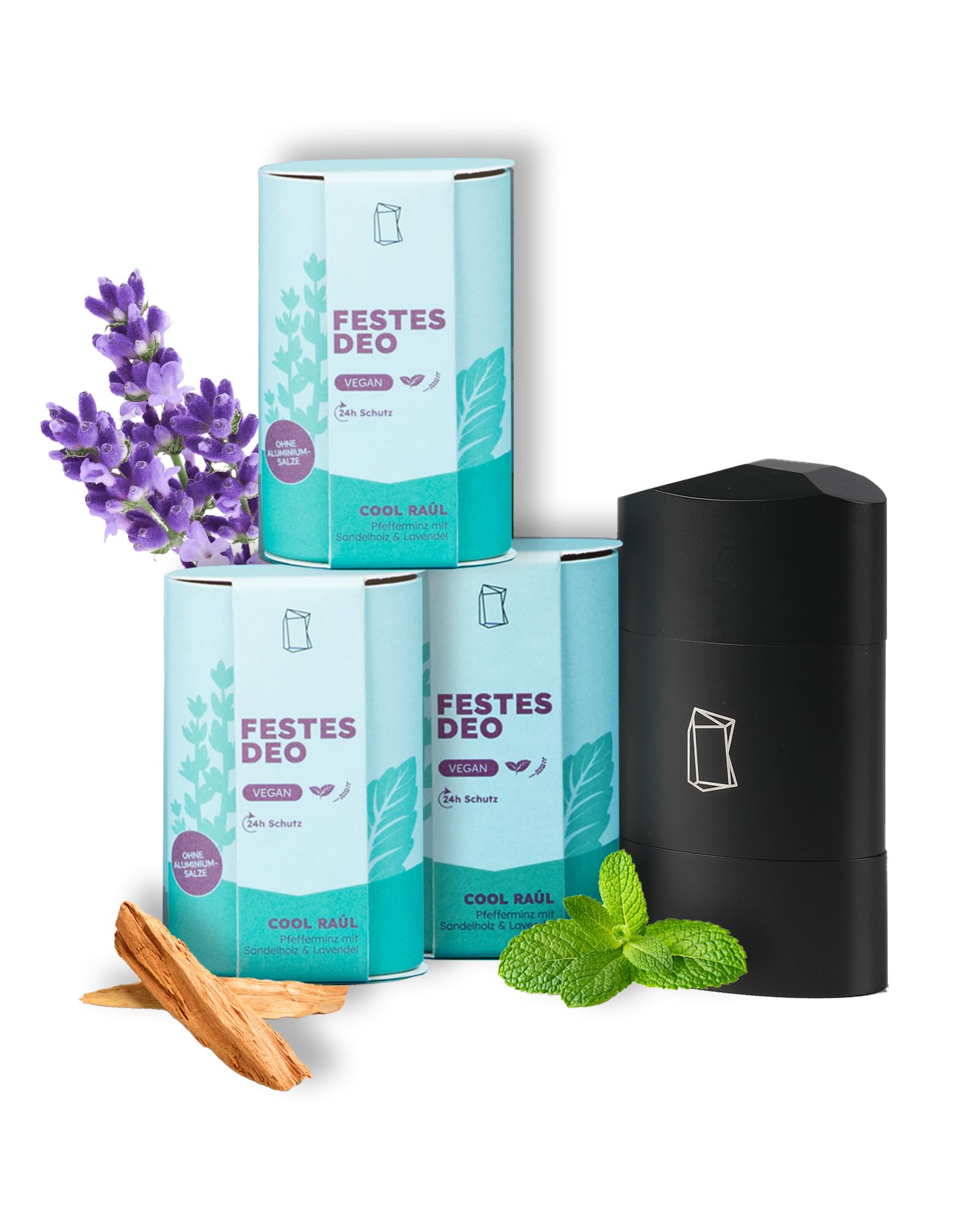 Duschbrocken Festes Deo Starterset - 3x Cool Raúl Deodorant mit Deo-Behälter - Herb & Frisch - 24h Schutz ohne Aluminium - Vegan & Plastikfrei - 316g