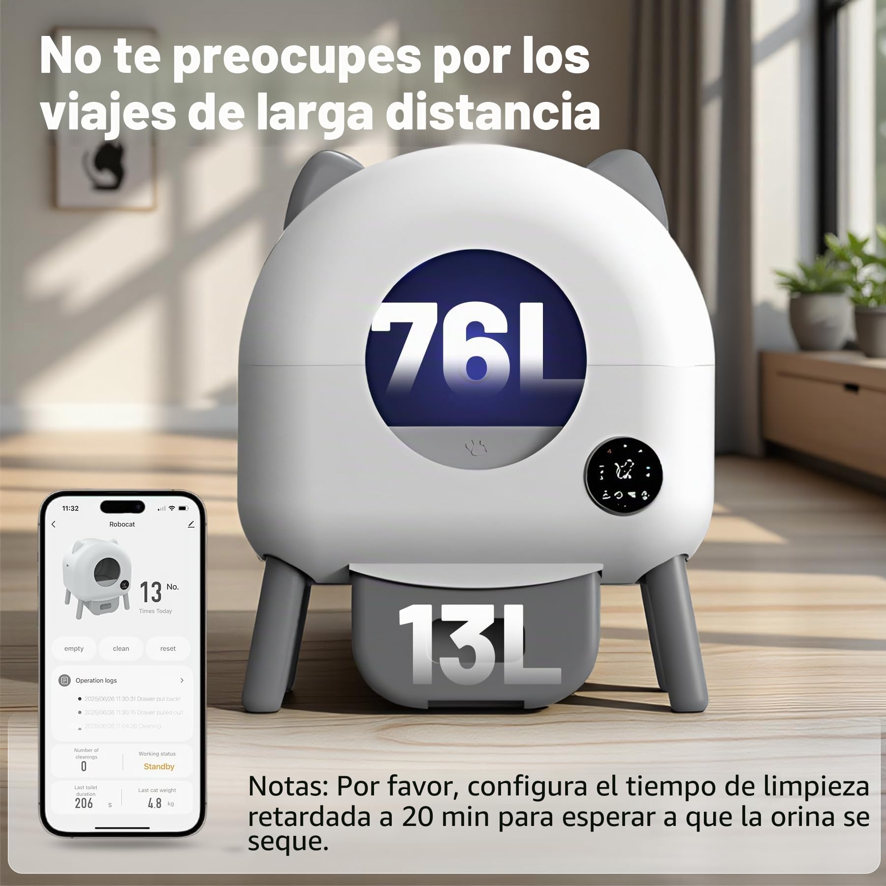 Arenero Gatos Autolimpiable, Caixa de Areia Automatico 76L, Protección de Seguridad/Control de Aplicaciones/Inodoro/Iluminación Ambiental, Arenero Automatico Gatos para Varios Gatos