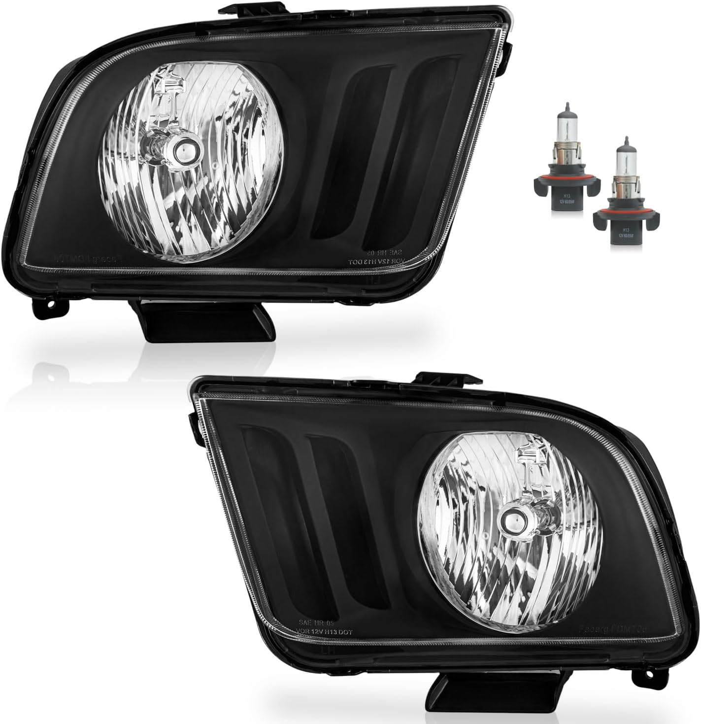 Headlights for 2005-2009 Ford Mustang (NOT fit Factory Xenon) Halogen Headlamp Replacement, High/Low Beam W/Bulbs, Driver & Passenger Side