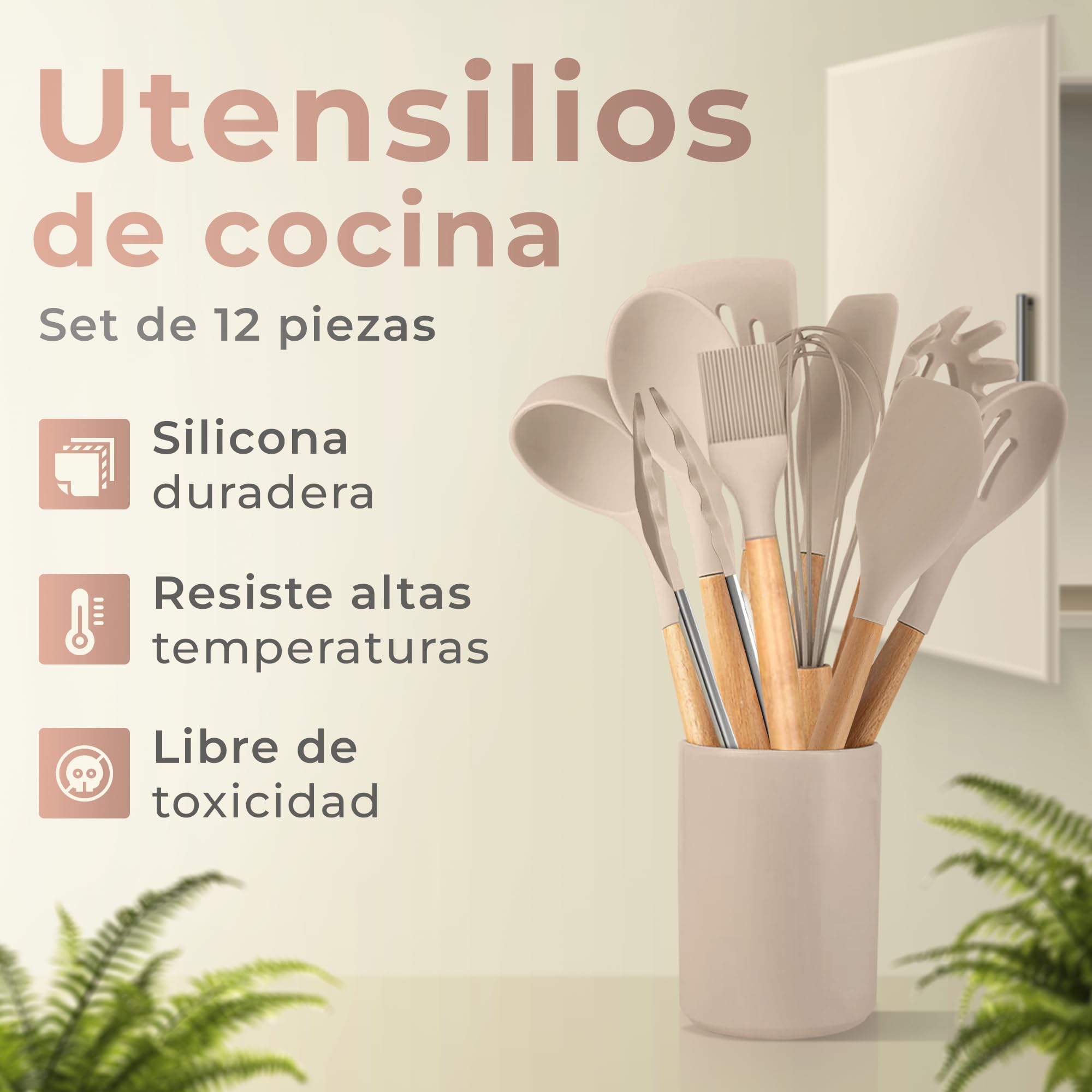 JUPPLIES Juego de Utensilios de Cocina de Silicona 12 Piezas con Mangos de Madera y Soporte Organizador – Set Antiadherente Resistente al Calor – Apto para Todas Las Ollas y Sartenes - Marrón — view 2