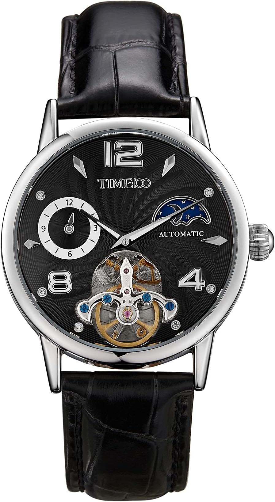 TIME100 Men's Automatic Mechanical Watch Tourbillon Design Multifunctional Dial Waterproof（Black）