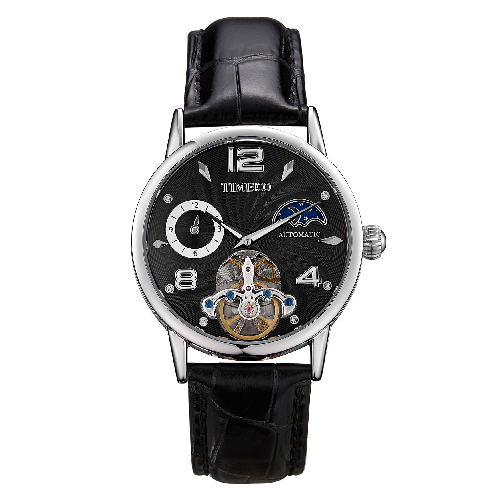TIME100 Men's Automatic Mechanical Watch Tourbillon Design Multifunctional Dial Waterproof(Black)