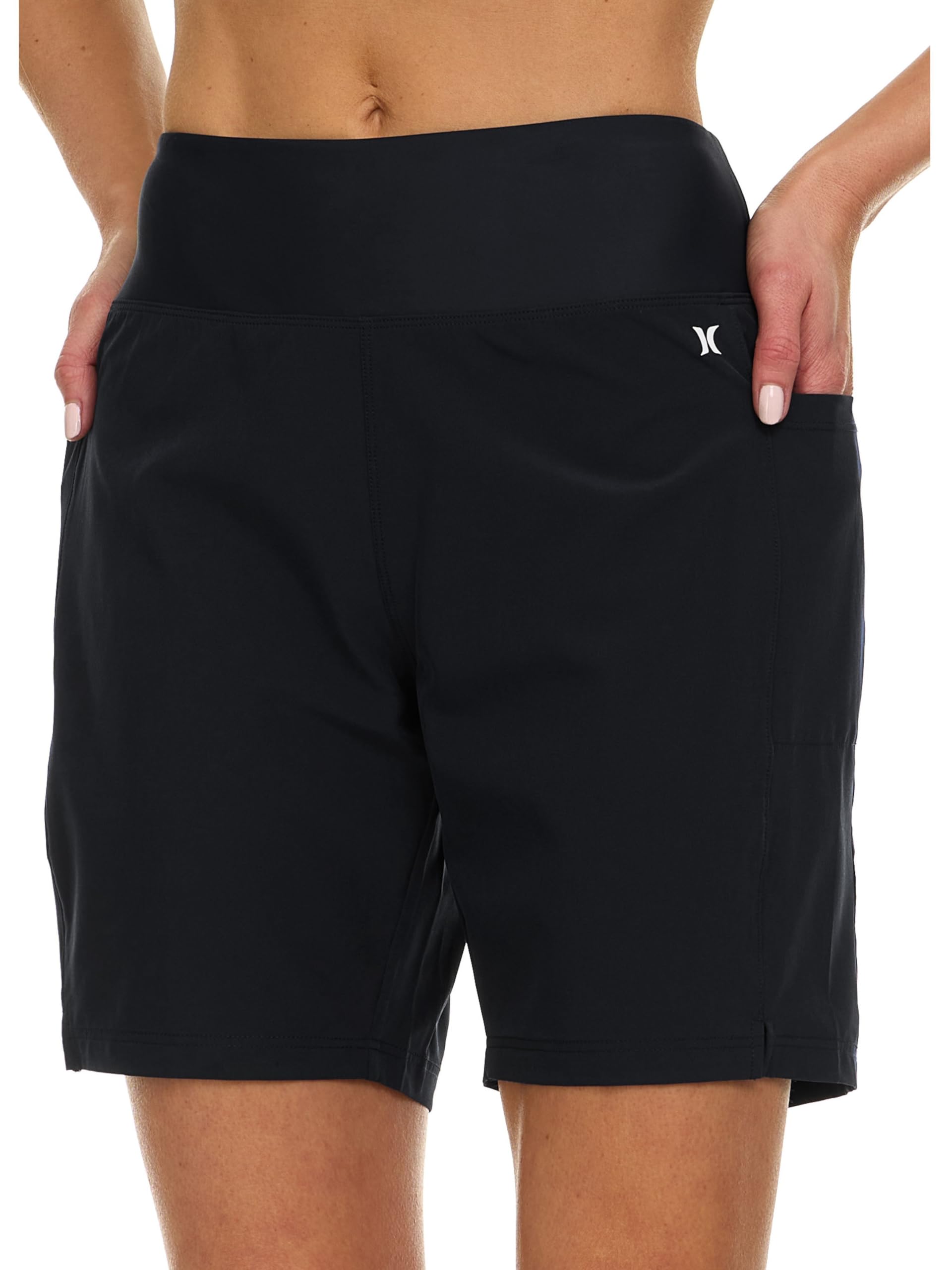 Hurley High Waisted Swim Shorts Women, 7" Board Shorts with Pockets & Inner Liner, Quick Dry Bathing Suit Swim Trunk, UPF 50+ Black