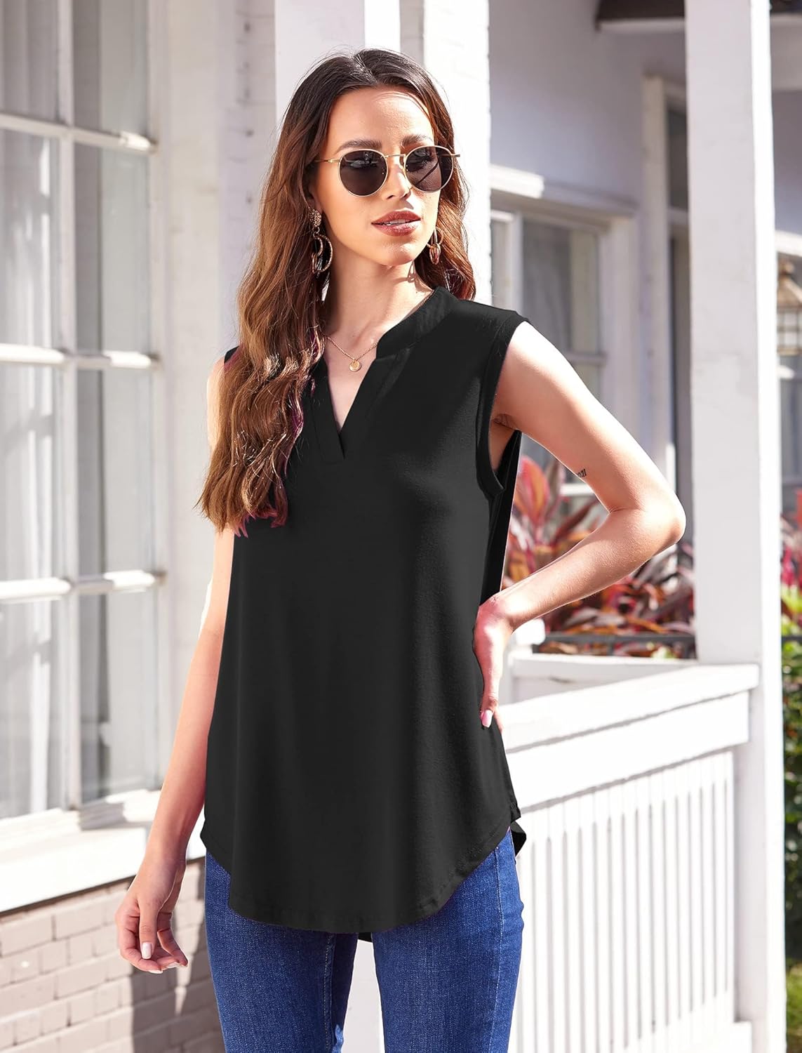 Halife Women's Sleeveless Floral Print V Neck Tunic Tank Tops Blouse Shirts - Image 3