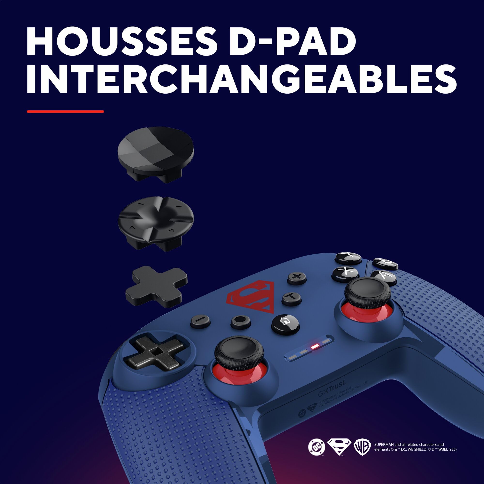 GXTrust 542SM Muta Manette Switch & PC sans Fil Licence Superman Bluetooth / 2.4GHz / USB, Batterie Rechargeable, Contrôleur de Jeu Nintendo Switch OLED/Lite iOS Android Consoles Windows, Bleu