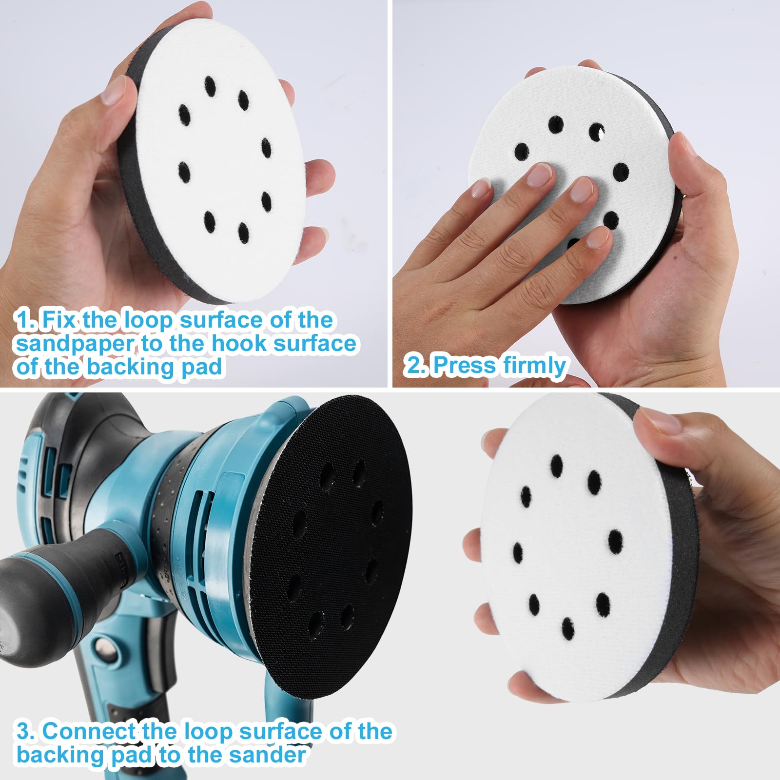 5 almohadillas for lijadora orbital, almohadillas de lijado de esponja de 8 agujeros con cara de gancho y bucle, almohadillas de interfaz de densidad suave for lijado de espuma blanca y negra for lija