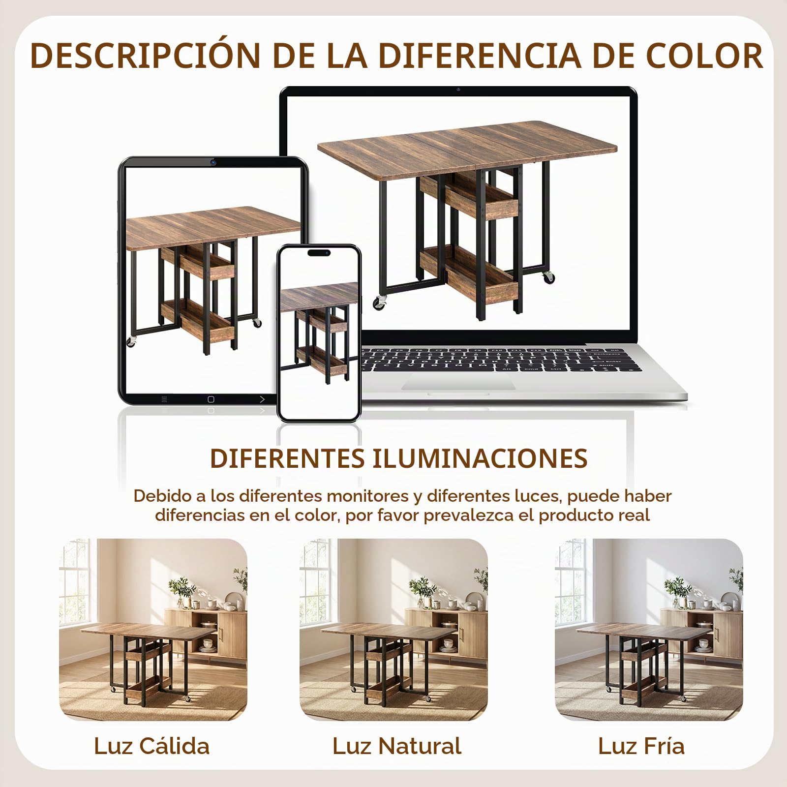 Clevich Mesa Plegable de Comedor con 2 estantes, Capacidad para 4-6 Personas, Ideal para Espacios pequeños, Solo 0,218 m³ Cuando está plegada, para Cocina y hogar, 133x80x75cm, Madera de Tigre.