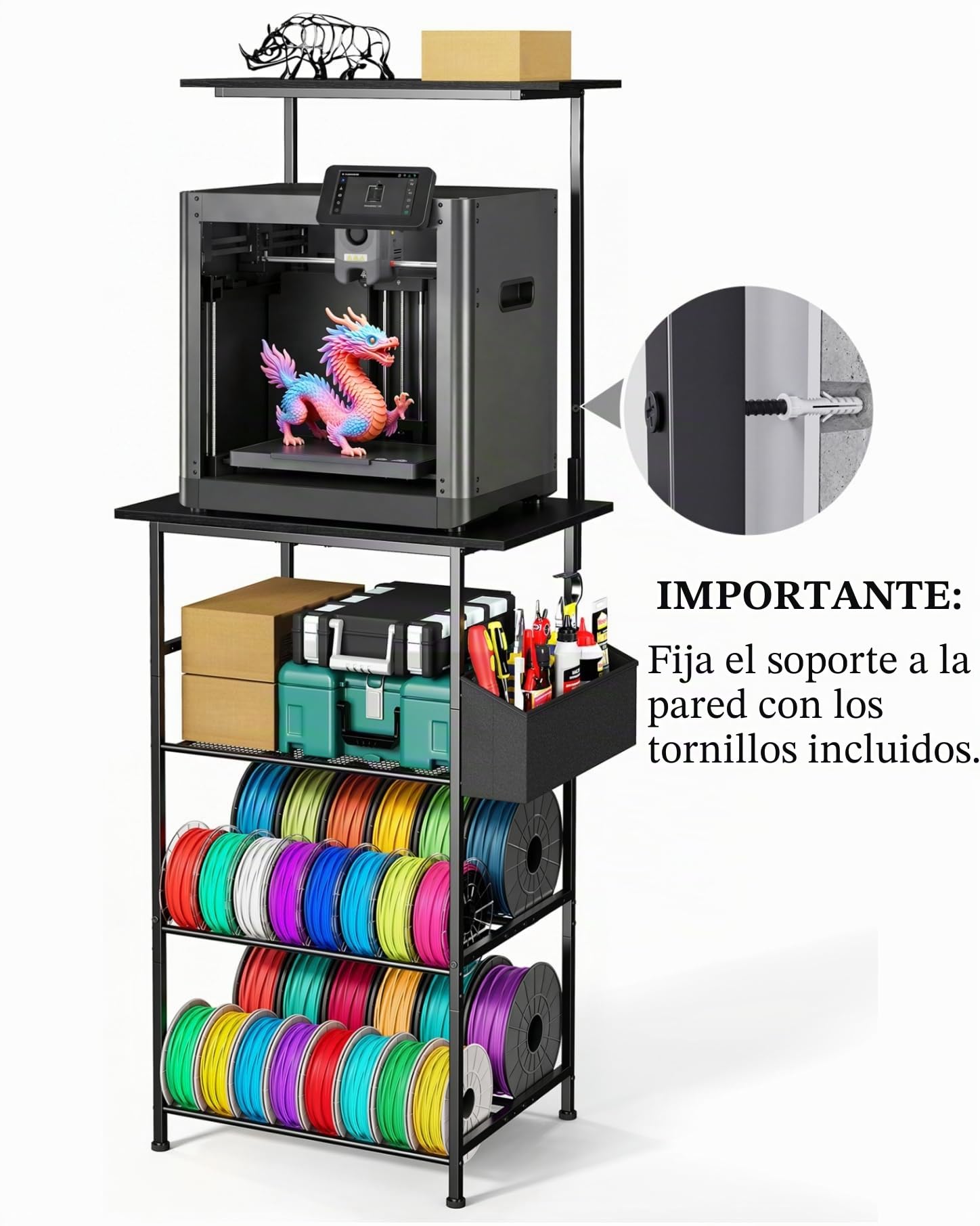 Mesa para impresora 3D, Soporte para impresora de 5 niveles, Armario de metal para impresora con almacenamiento de filamento y bolsillo lateral, Estantería para impresora para fijación a la