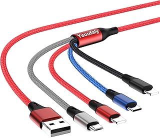 Yeoufaly 3A/1.2M Multi 4 in 1 Charger Cable, Universal USB Fast Charge Cord, with 2 Lightning Type C Micro USB Connector Port for iPhone, Samsung Galaxy, LG, Pixel, Moto, Huawei, Sony, Tablets, PS4