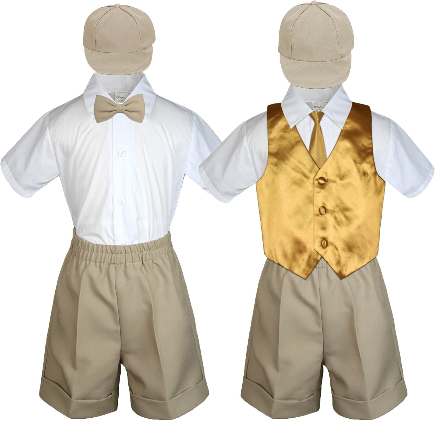 Baby Kid Toddler Boy Party Suit Khaki Shorts Shirt Hat Necktie Vest Set Sm-4T (Small (0-6 Months), Gold)