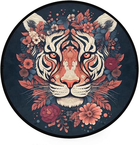 Vnurnrn Alfombra redonda con retrato de tigre de flores, 3 pies, para interiores, alfombra circular para sala de estar, puerta, entrada, dormitorio,