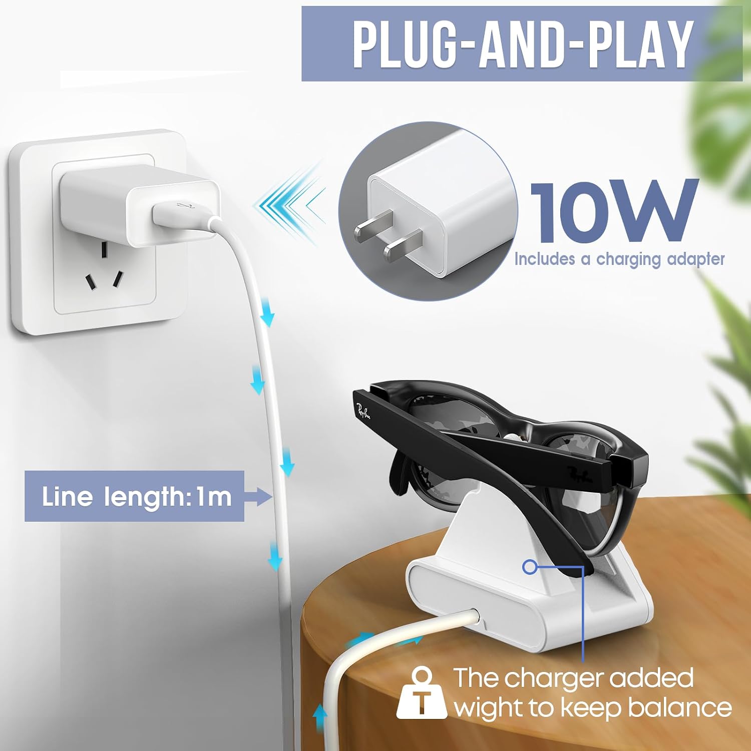 Charging Dock Compatible with Ray-Ban Meta Smart Glasses Wayfarer/Skyler/Headliner,Potable Travel Smart Glasses Charger with Adapter,White