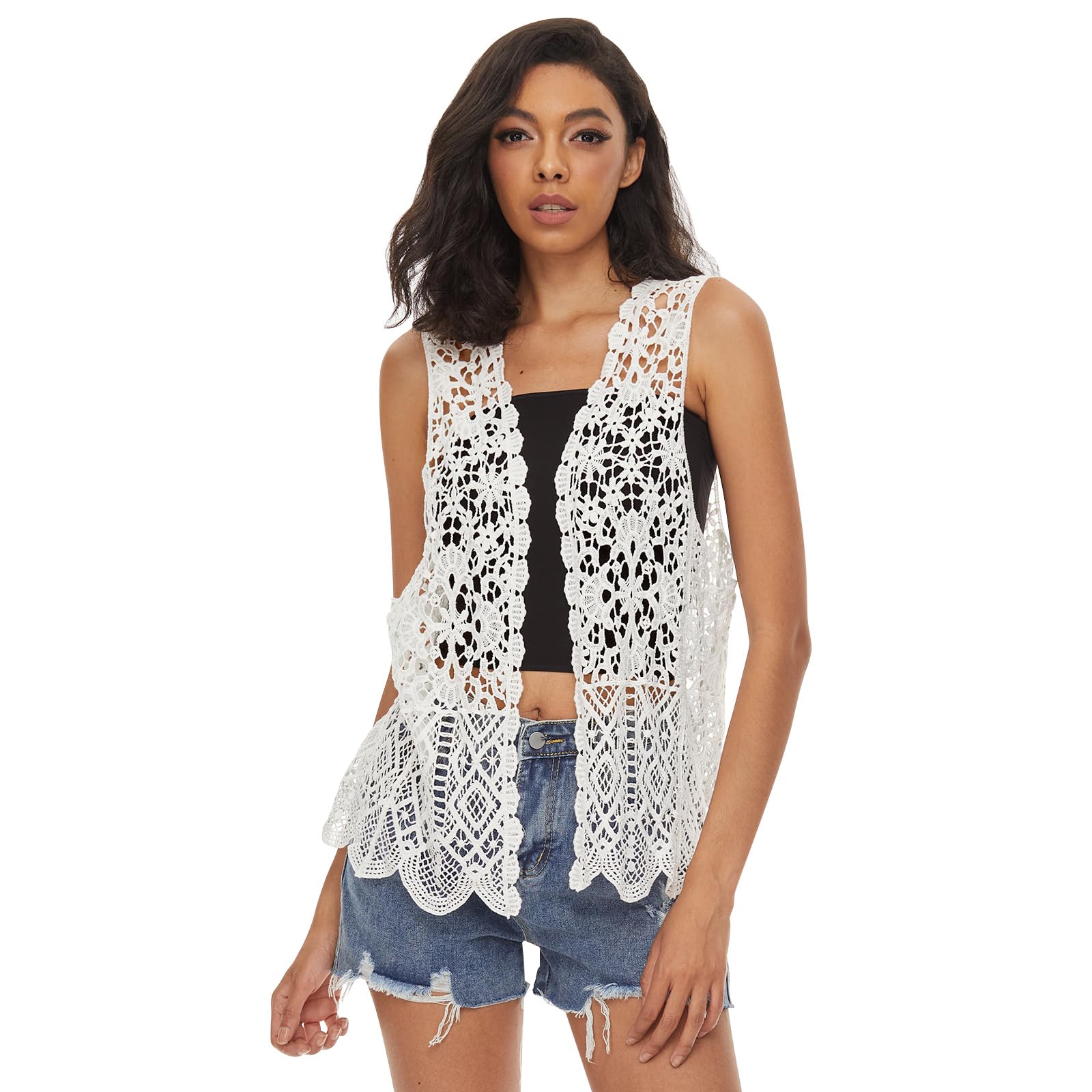 ORGARTWomen Open Cardigan Boho Sleeveless Hippie Summer Hollow Out Solid Crochet Vest