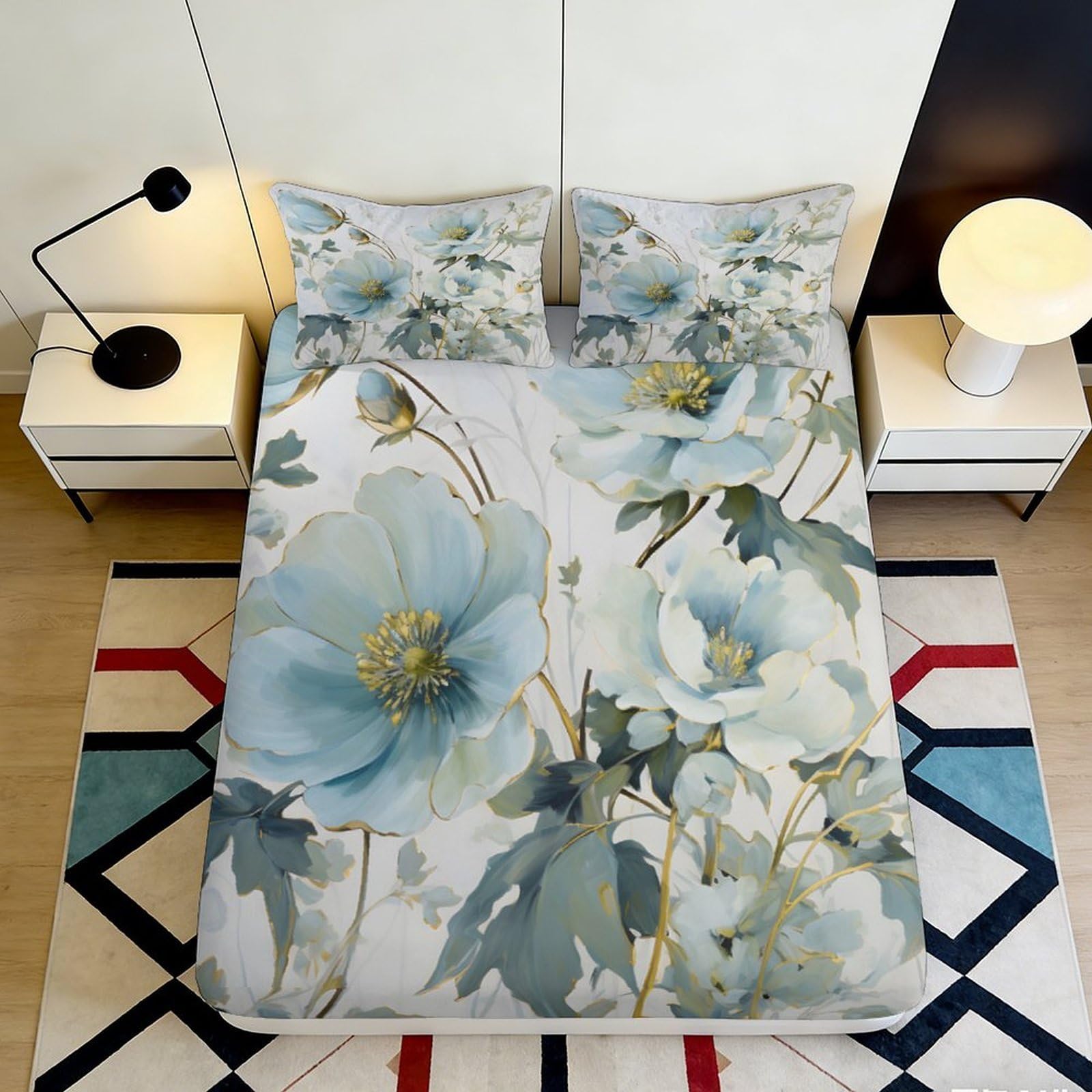 3D Printed Watercolor Floral Fitted Sheet Microfiber Deep Pocket Bedroom Bedding Floral Mattress Fitted Cover Washable Non-Slip Home 140x200x25cm