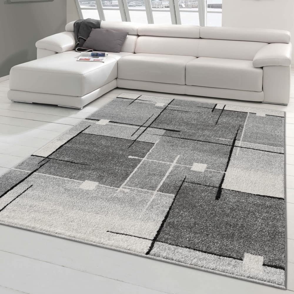 Teppich-Traum Tapis de Salon avec Carré Abstrait | Facile d'entretien | Gris Noir Größe 200x280 cm