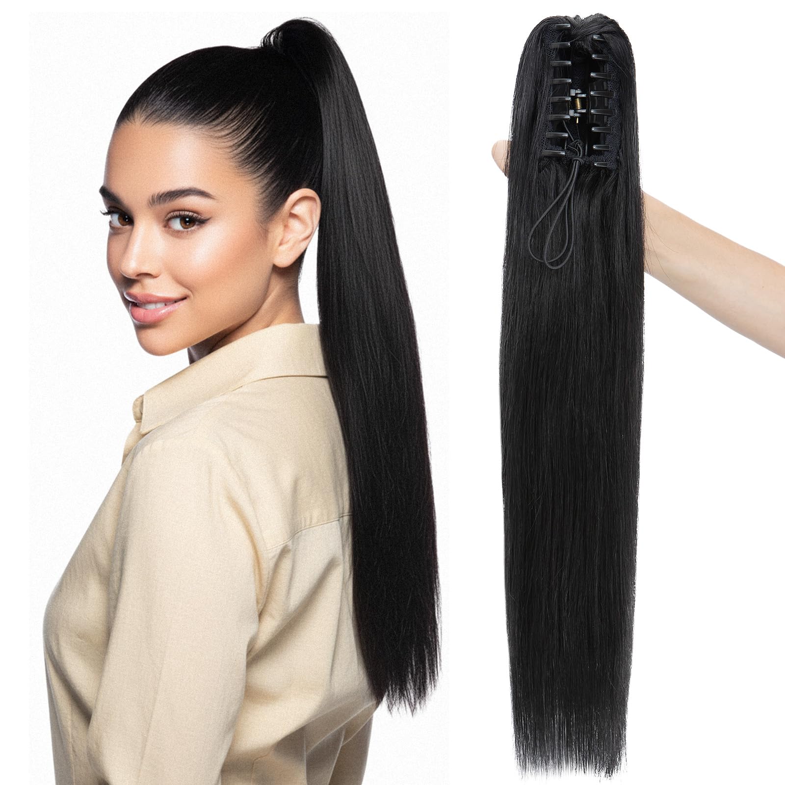 Photo 1 of MY-LADY Ponytail Extension Human Hair Claw Clip in Ponytail Hair Extension Pony Tail Hair Extensions Real Human Hair for Women Jet Black 20 Inch 120g