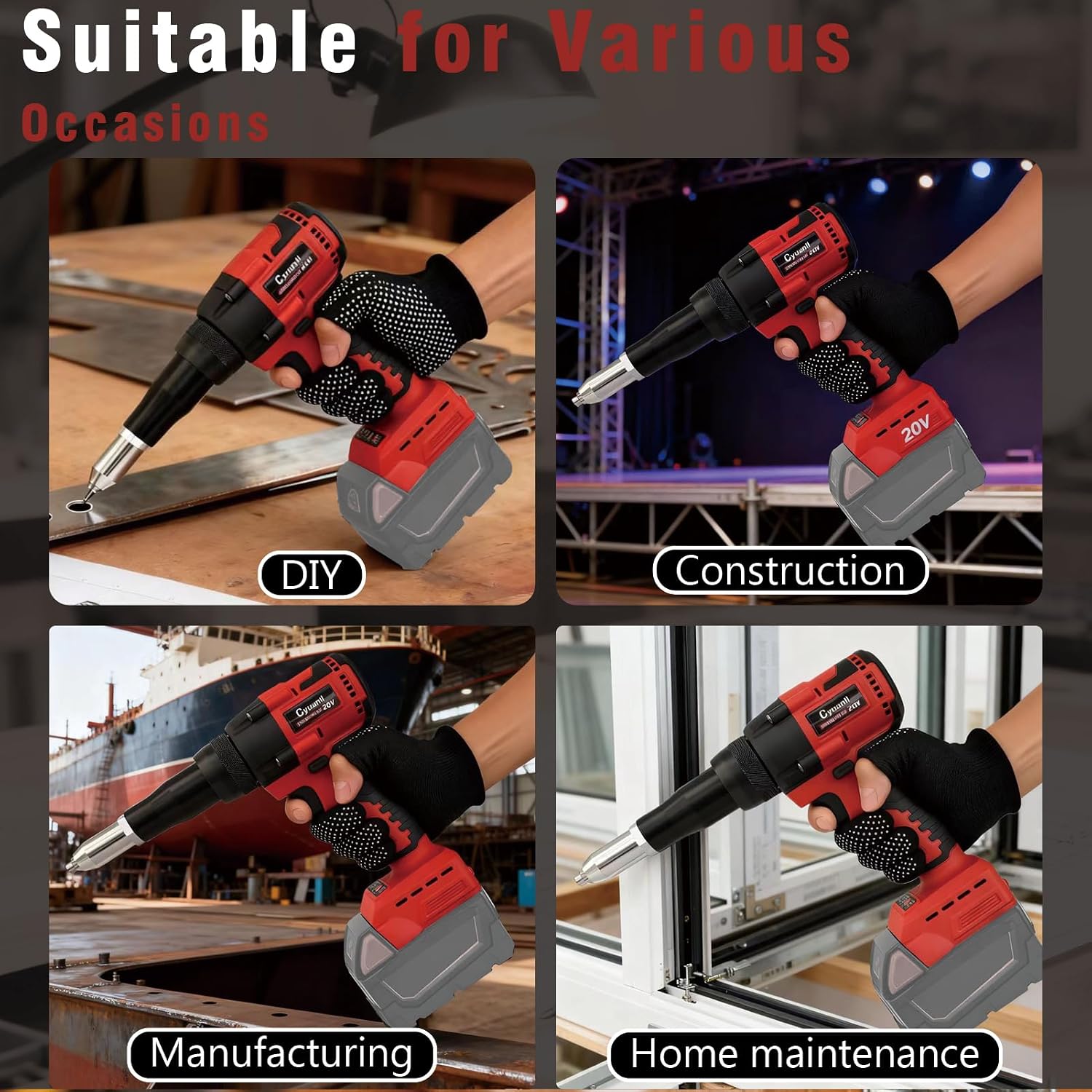 Upgraded Cordless Rivet Gun Compatible with Milwaukee 18V Battery,Electric Rivet Gun Tool with 3 Size (1/8", 5/32", 3/16") Aluminum Rivets,Brushless Motor Rivet Gun Kit with Led Light(No Battery)-Red