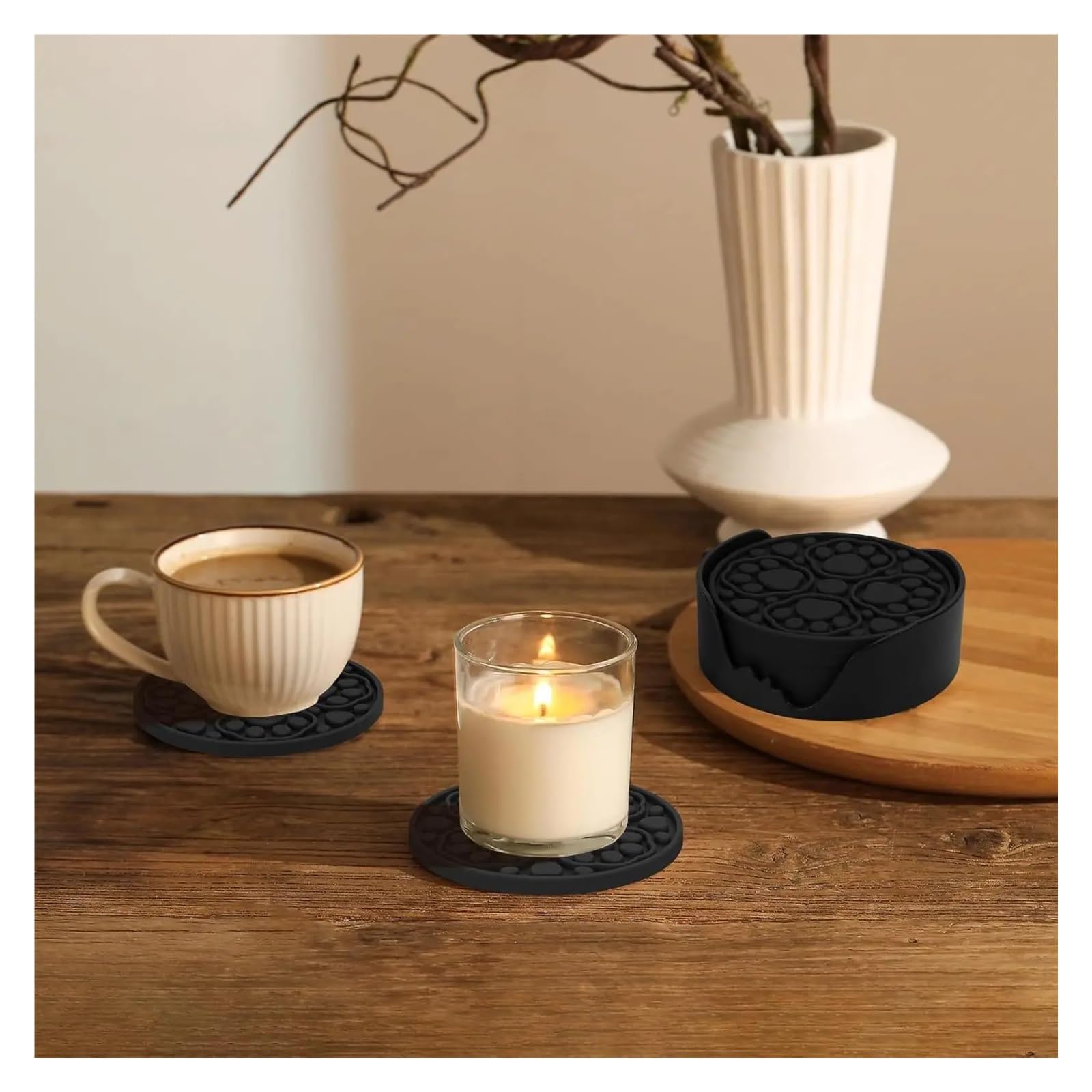 Sottobicchieri Auto Silicone Sottobicchieri in silicone nero con supporto, sottobicchieri for bevande antiscivolo da 4 pollici set di 6, sottobicchieri decorativi for scrivania, tavolo, caffè