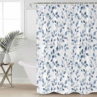 Blue Eucalyptus Leaves Waterproof Shower Curtain, 60"x72" Washable Polyester Fabric Shower Curtains for Bathroom, Watercolor Summer Botanical Vintage Decorative Bathtub Curtain Sets with Hooks